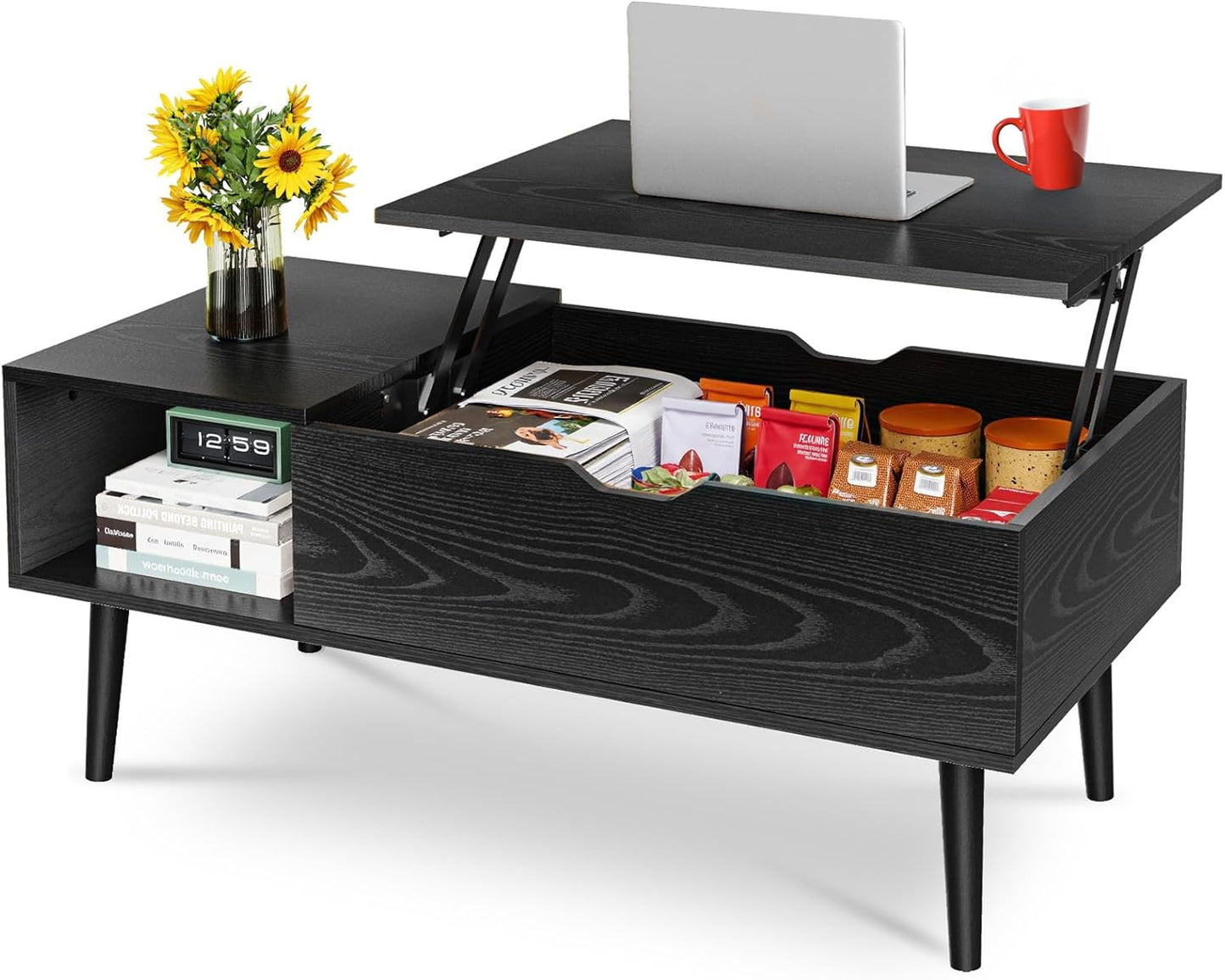 Wood Lift Top Coffee Table with Hidden Compartment and Large Storage Shelf,