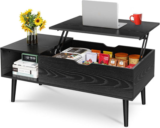 Wood Lift Top Coffee Table with Hidden Compartment and Large Storage Shelf,
