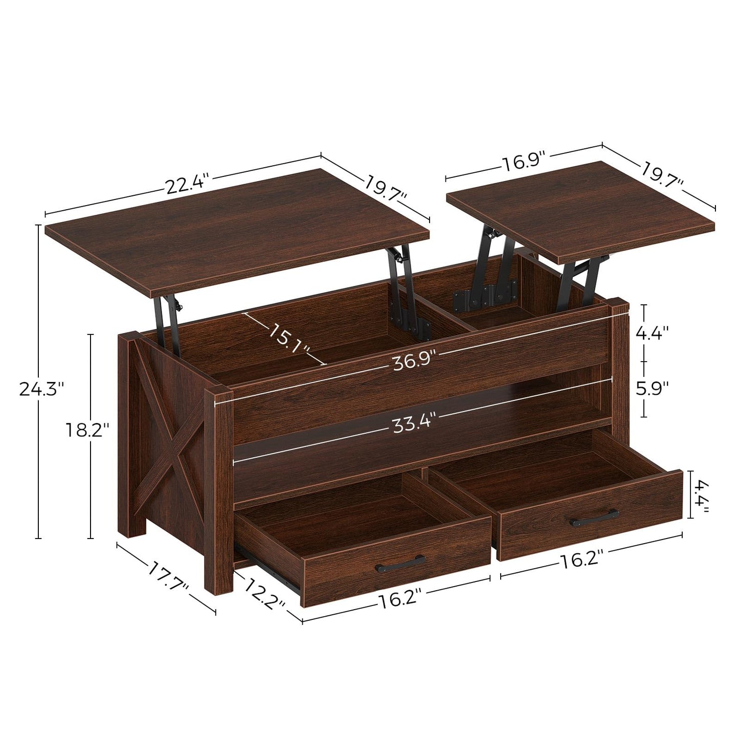 47.2" Black Lift Top Coffee Table – Farmhouse X-Frame Center Table with Hidden Storage & 2 Drawers