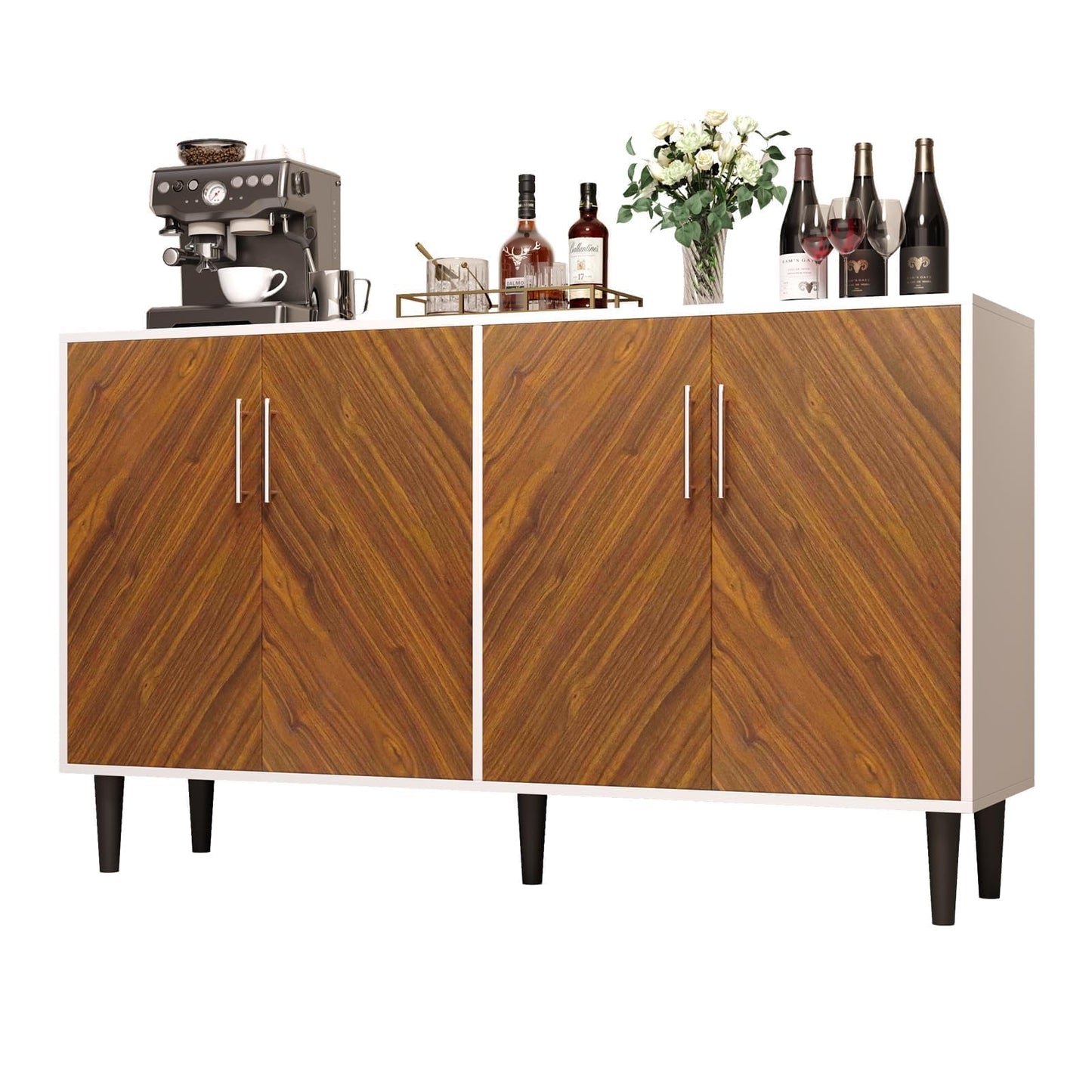 58" Coffee Bar Cabinet with Storage, Buffet Cabinet with 4 Large Doors, Storage Cabinet