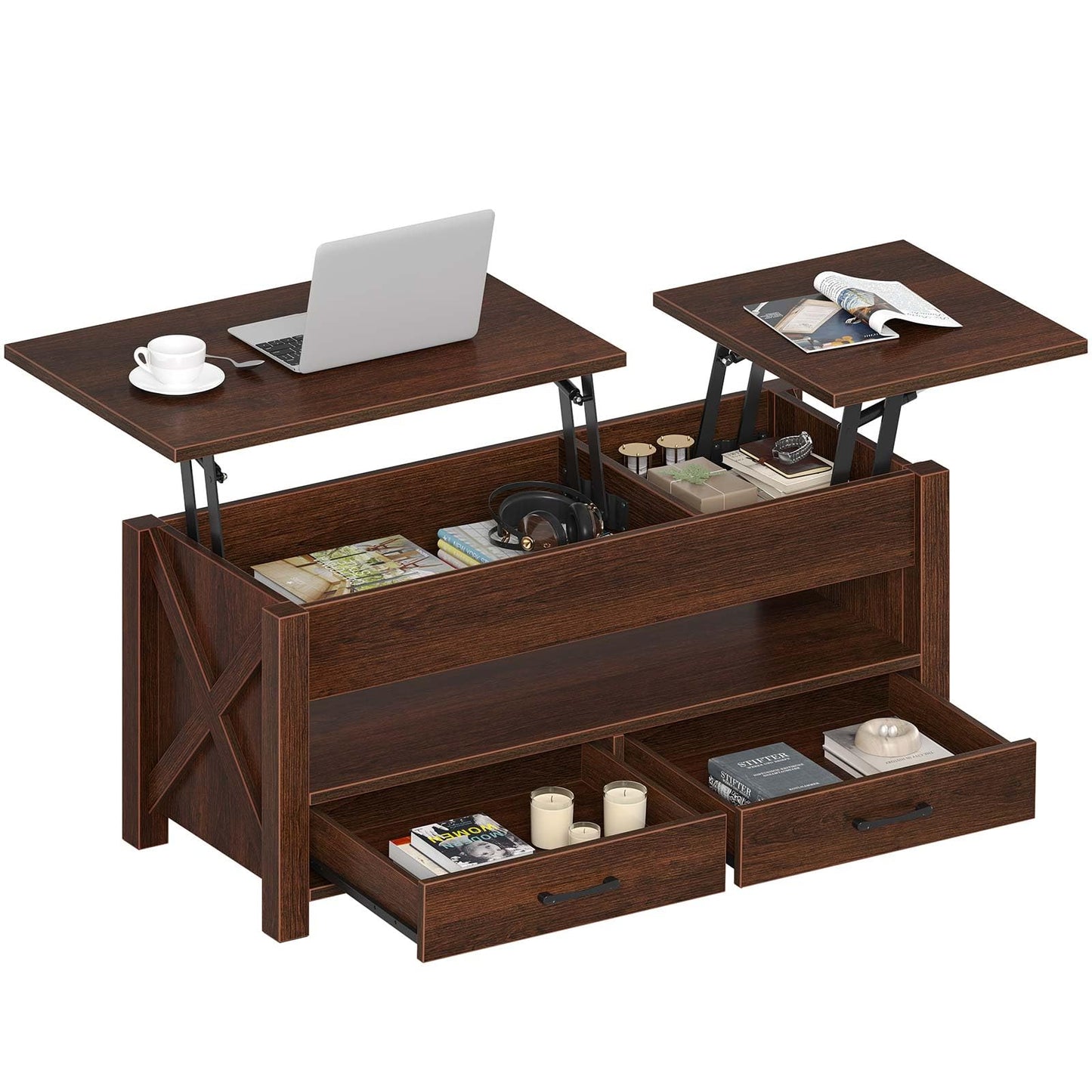 47.2" Black Lift Top Coffee Table – Farmhouse X-Frame Center Table with Hidden Storage & 2 Drawers