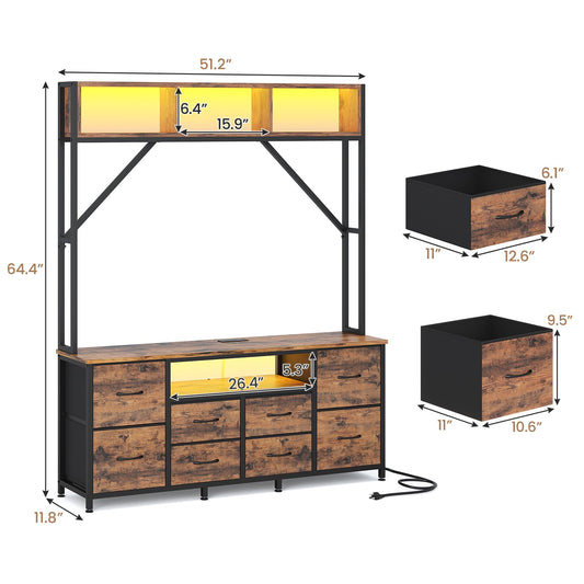 55" Rustic Brown TV Stand – LED Entertainment Center with Power Outlets, 6 PU Fabric Drawers