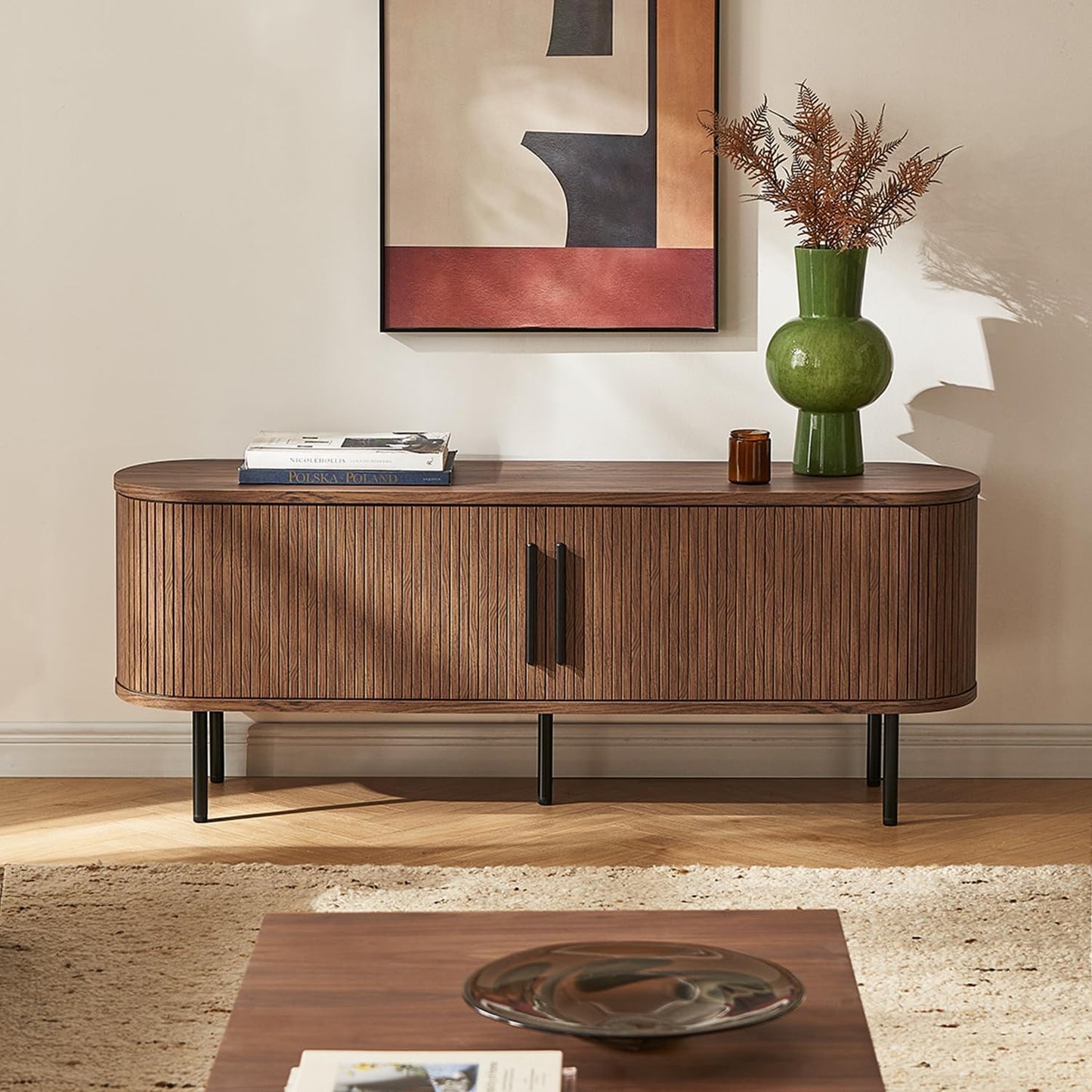 Mid-Century Modern TV Stand – 59" Walnut Entertainment Center for 55–65 Inch TVs,