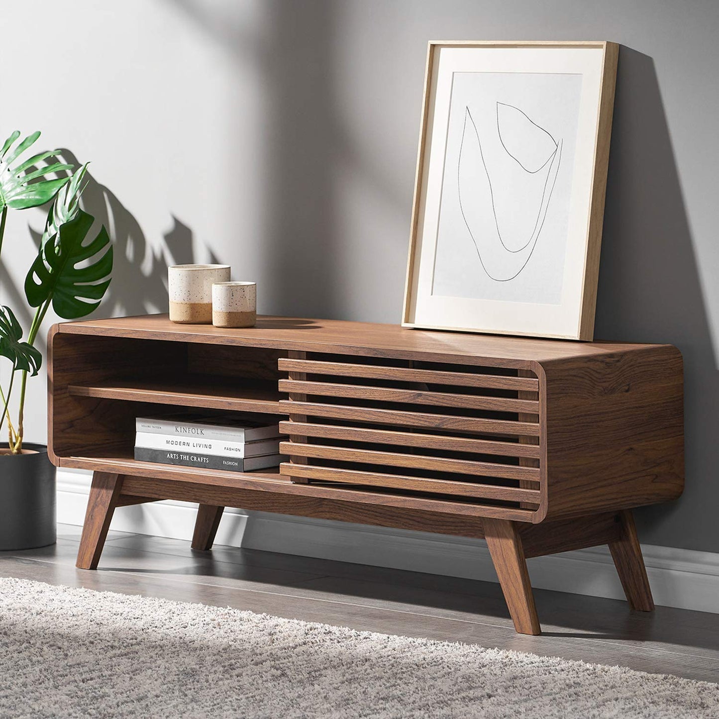 Mid-Century Modern TV Stand – 59" Walnut Entertainment Center for 55–65 Inch TVs,