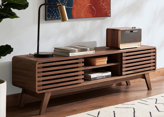 Mid-Century Modern TV Stand – 59" Walnut Entertainment Center for 55–65 Inch TVs,