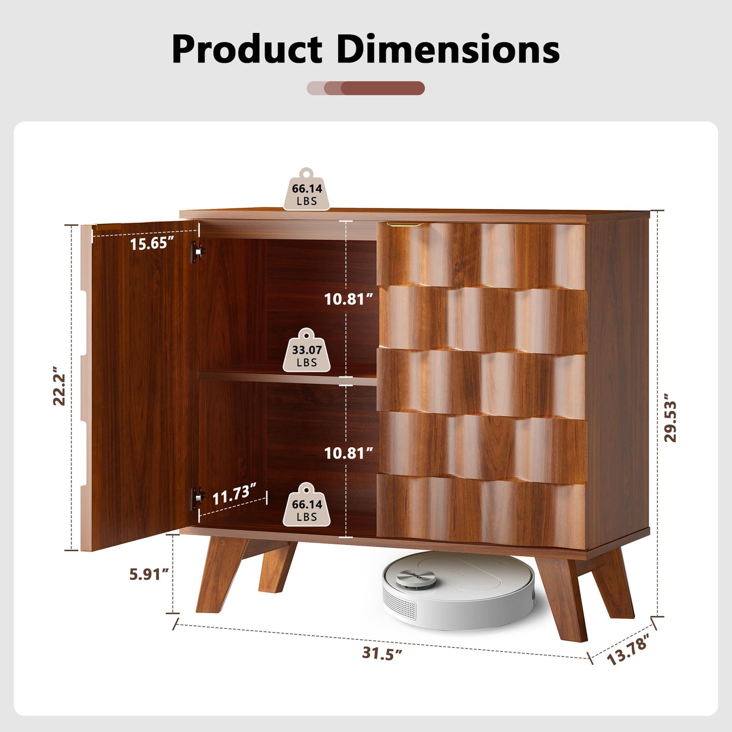 Buffet Cabinet, Fluted Sideboard Storage Cabinet with Adjustable Shelf and Door Handles,