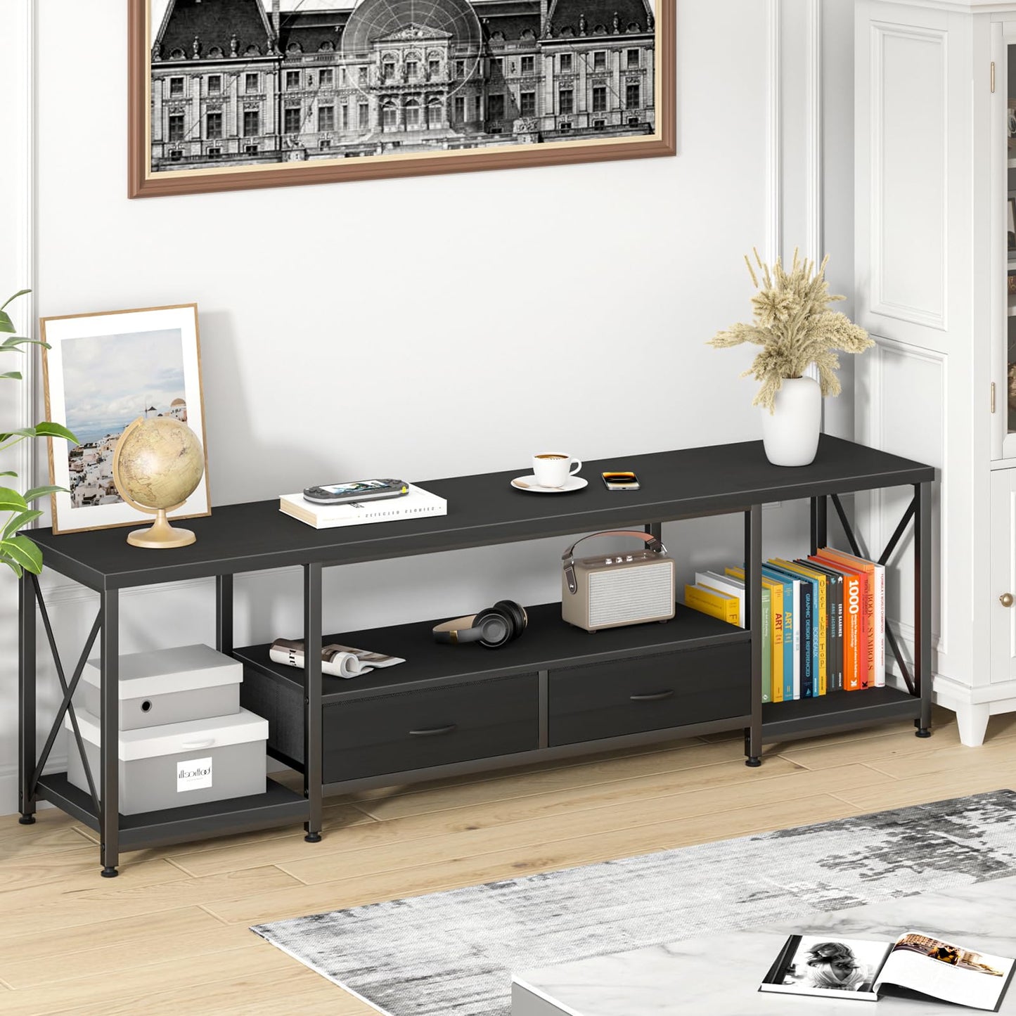 63" Rustic Brown TV Stand for 65–75 Inch TVs – Industrial Entertainment Center with Fabric Drawers
