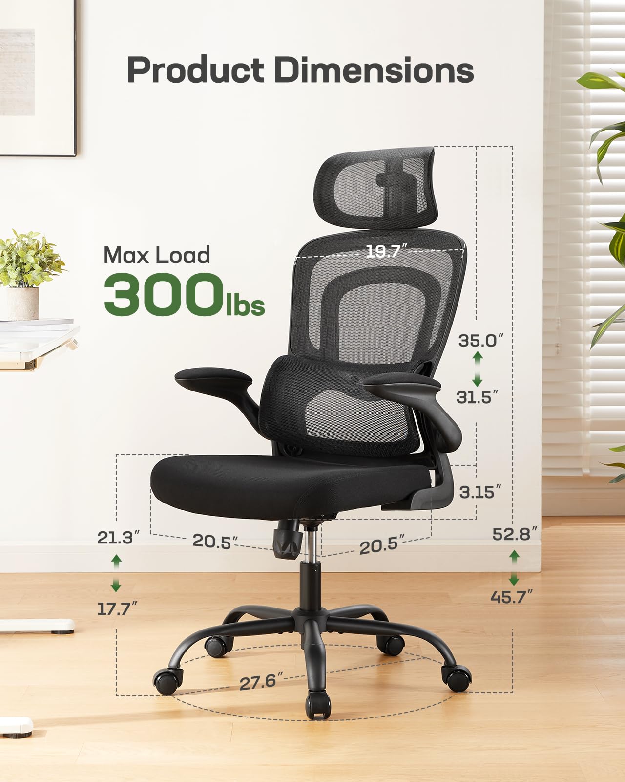 Ergonomic Office Chair with Mesh Back, Adjustable Lumbar Support, 3D Armrests & Headrest,