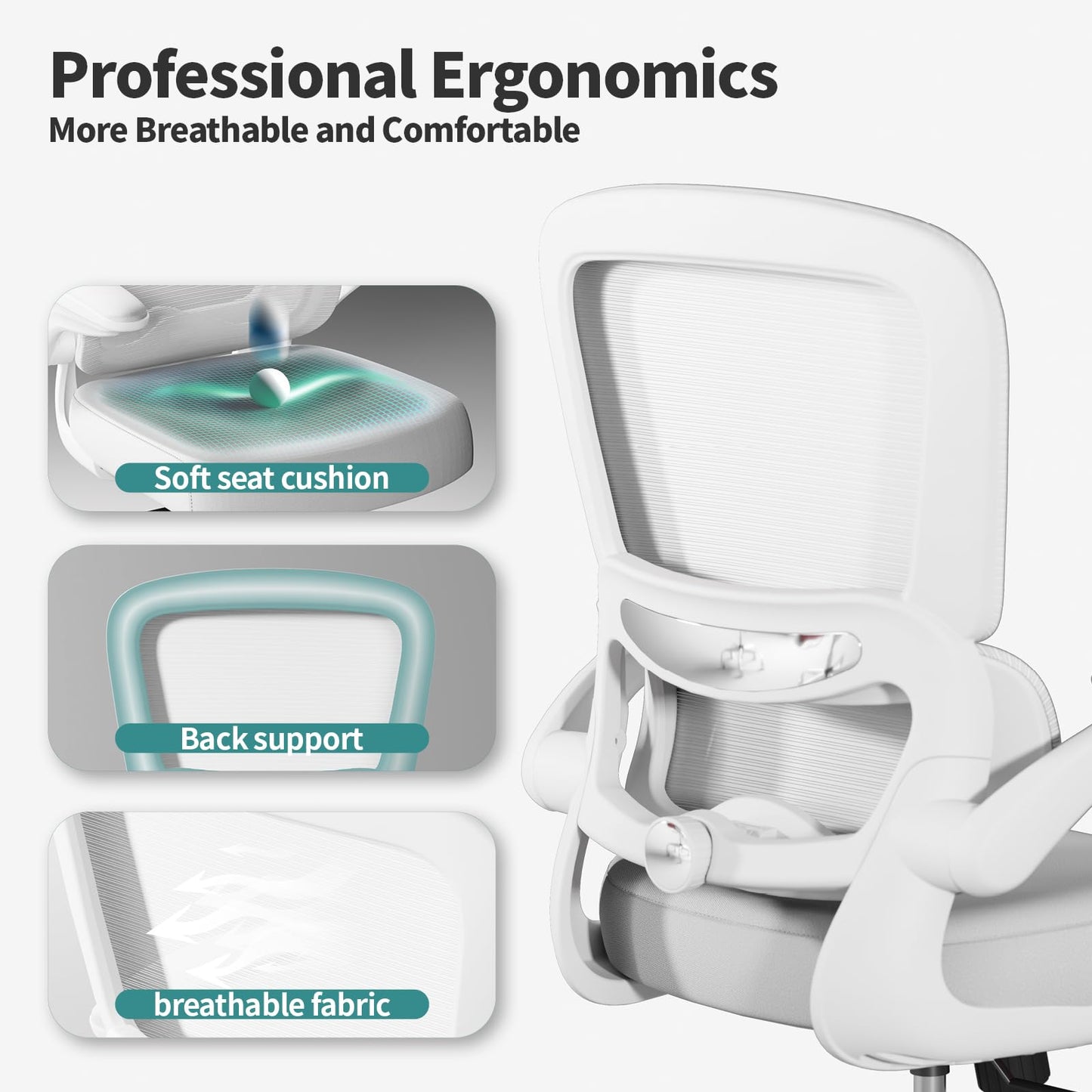 White Ergonomic Office Chair – Mesh Desk Chair with Adjustable Lumbar Support, Comfortable Executive