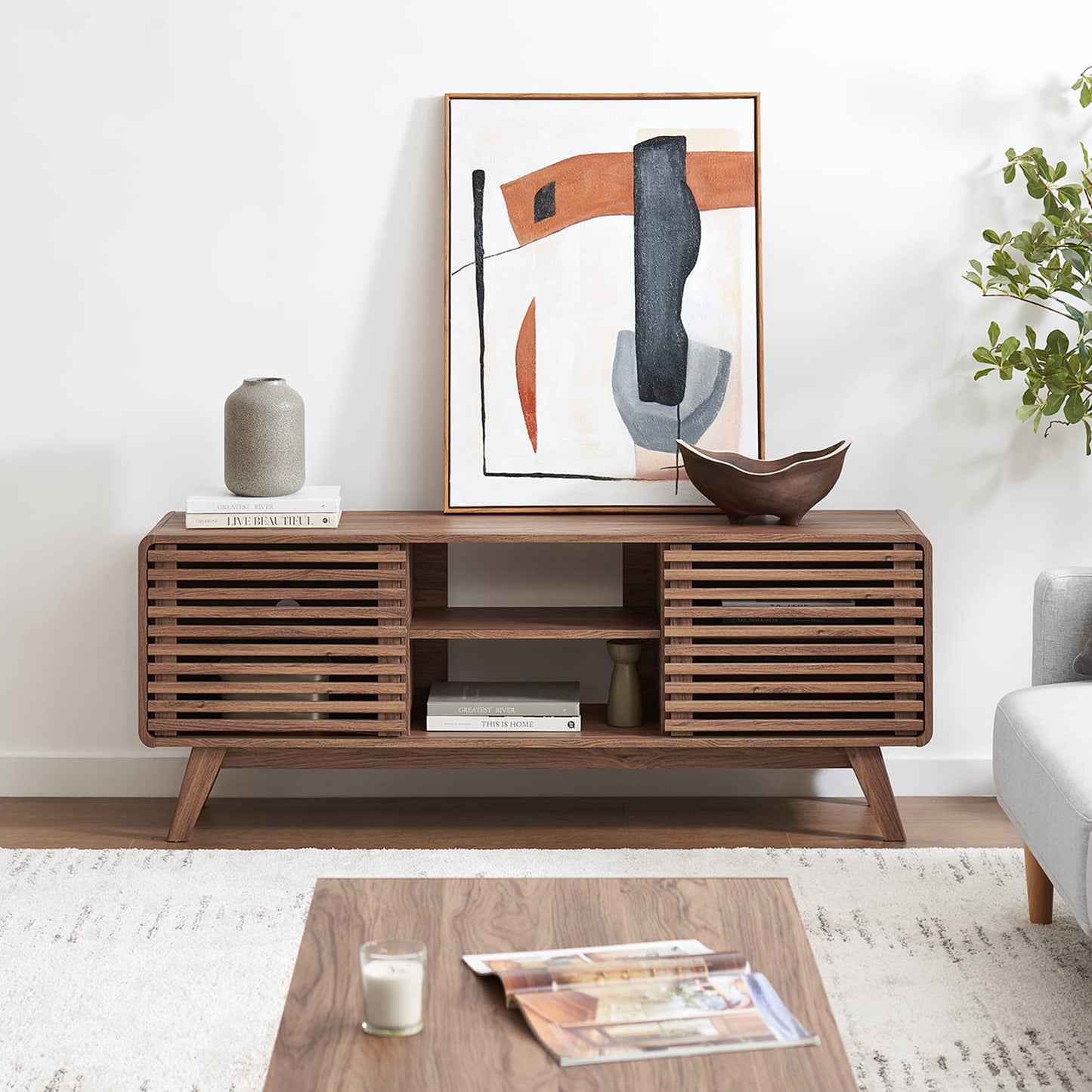 Mid-Century Modern TV Stand – 59" Walnut Entertainment Center for 55–65 Inch TVs,