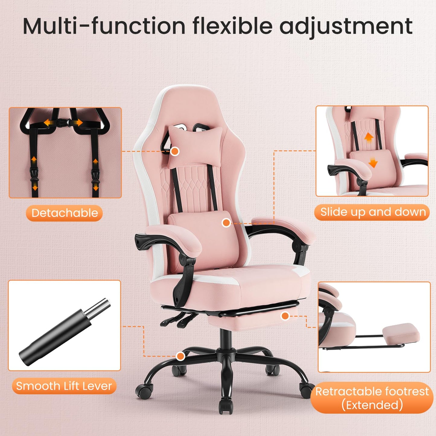 White Pink Gaming Chair with Footrest & Headrest, PU Leather Reclining Office Chair