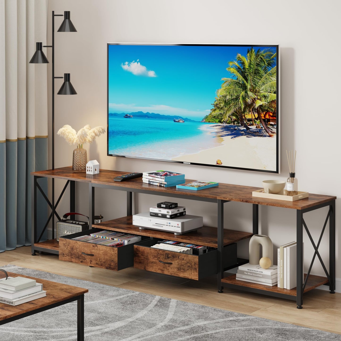 63" Rustic Brown TV Stand for 65–75 Inch TVs – Industrial Entertainment Center with Fabric Drawers