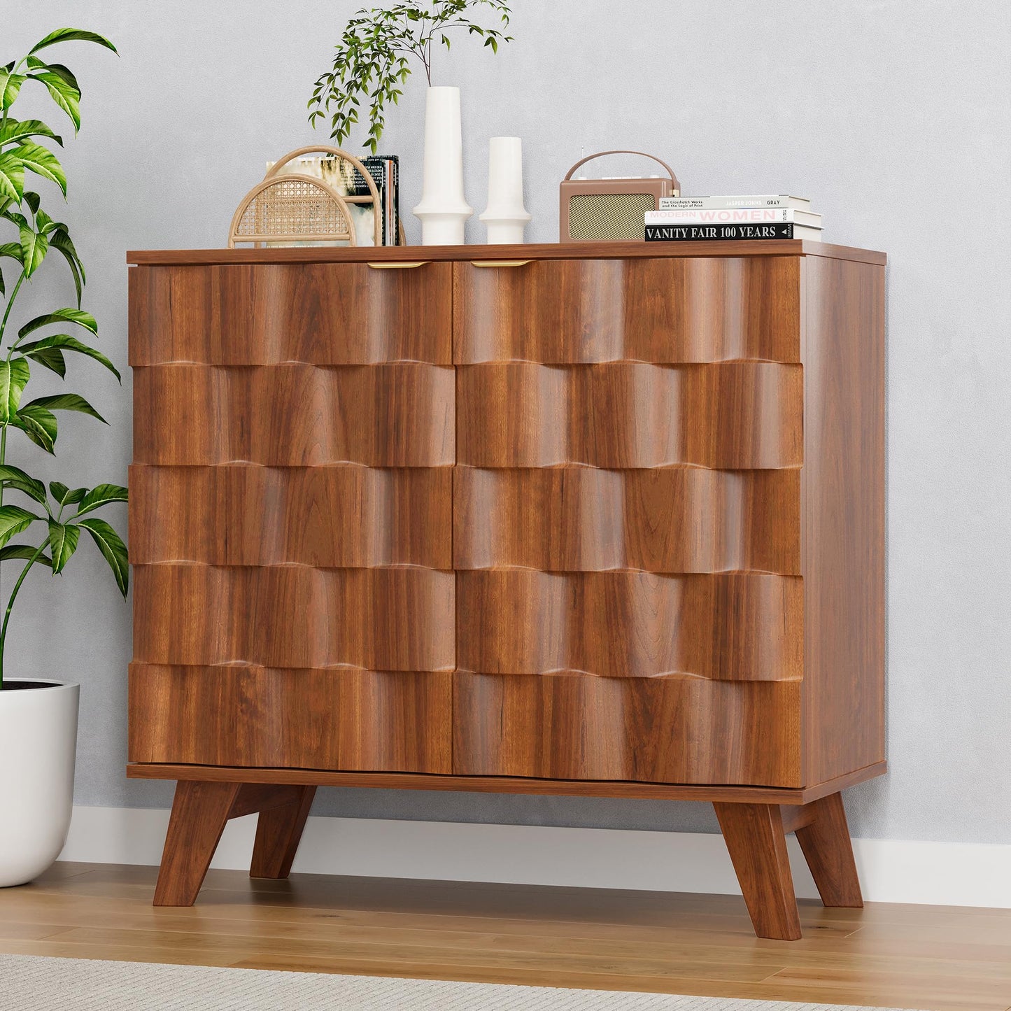 Buffet Cabinet, Fluted Sideboard Storage Cabinet with Adjustable Shelf and Door Handles,