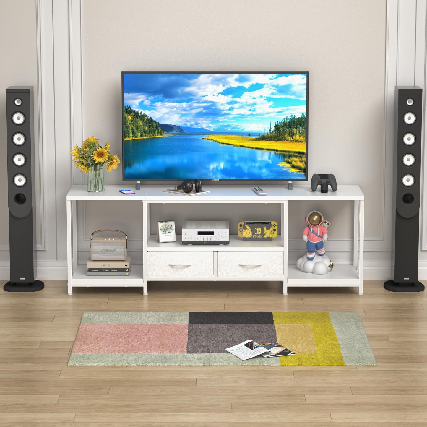 63" Rustic Brown TV Stand for 65–75 Inch TVs – Industrial Entertainment Center with Fabric Drawers