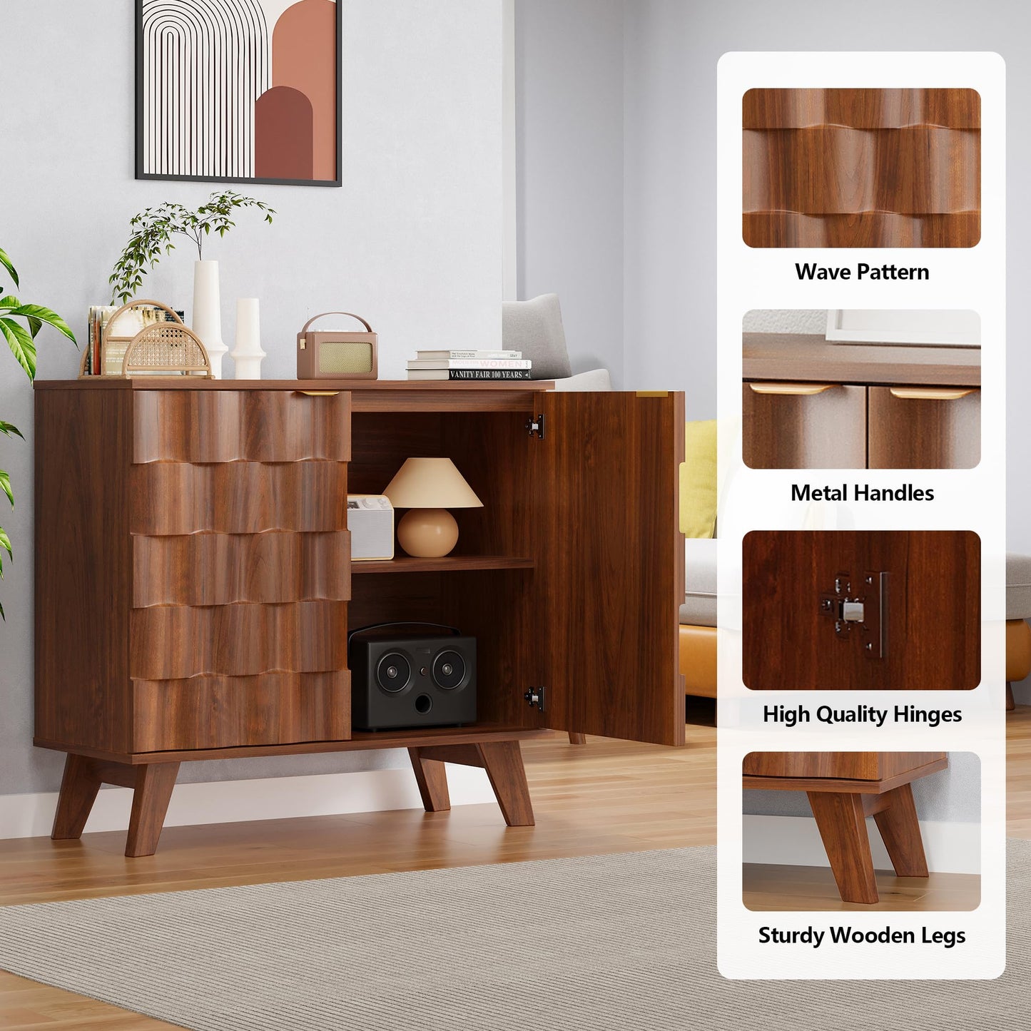 Buffet Cabinet, Fluted Sideboard Storage Cabinet with Adjustable Shelf and Door Handles,
