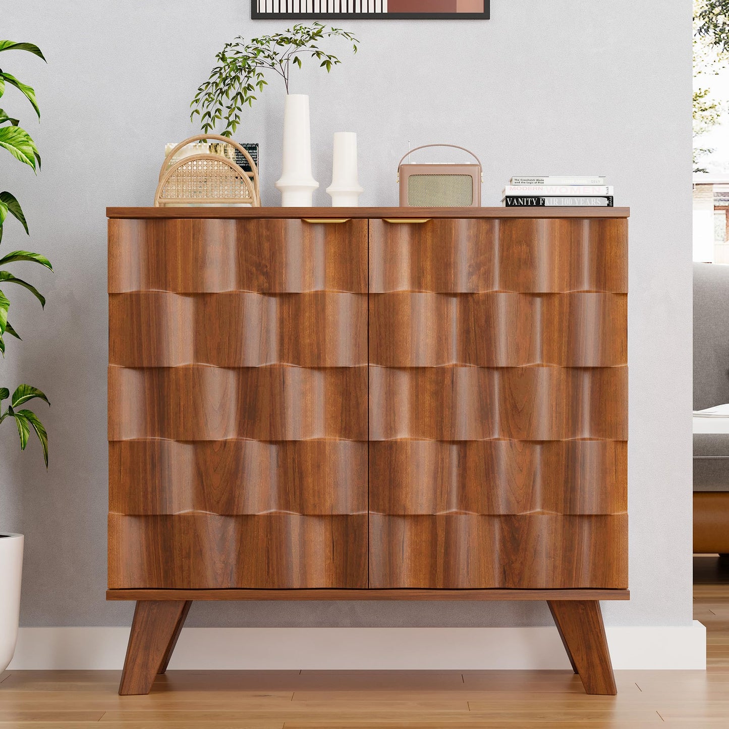 Buffet Cabinet, Fluted Sideboard Storage Cabinet with Adjustable Shelf and Door Handles,