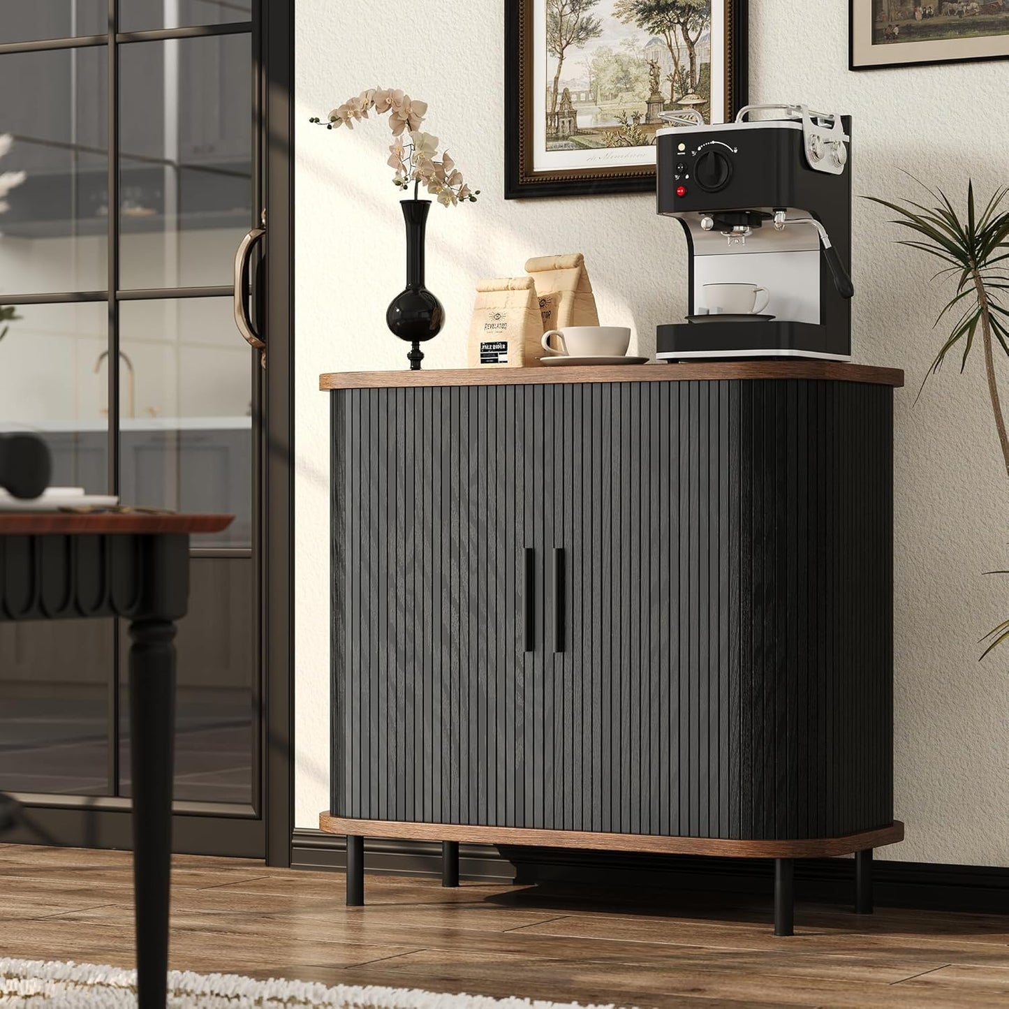 Fluted Sideboard Buffet Cabinet, 31''W Storage Cabinet with Sliding Door