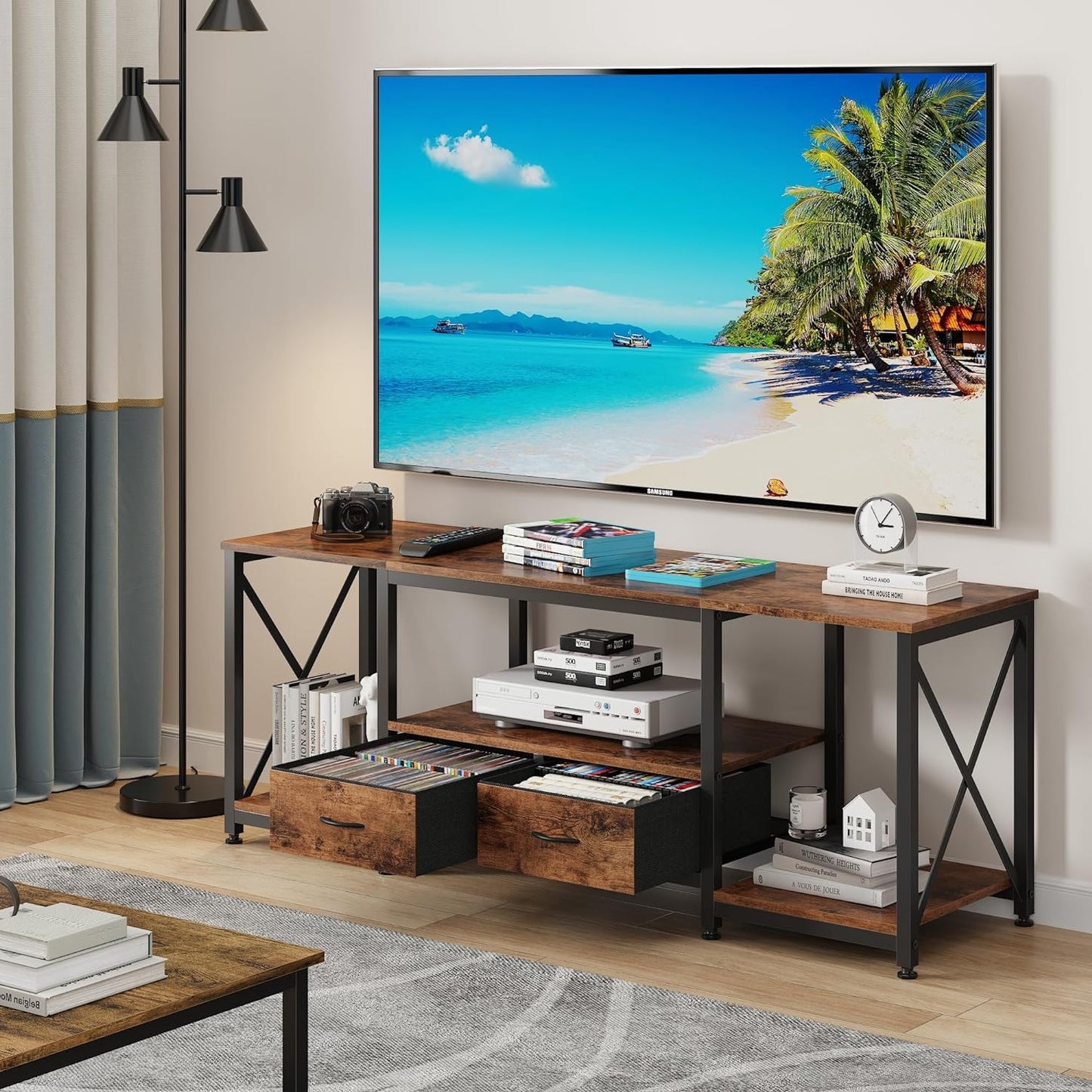 63" Rustic Brown TV Stand for 65–75 Inch TVs – Industrial Entertainment Center with Fabric Drawers