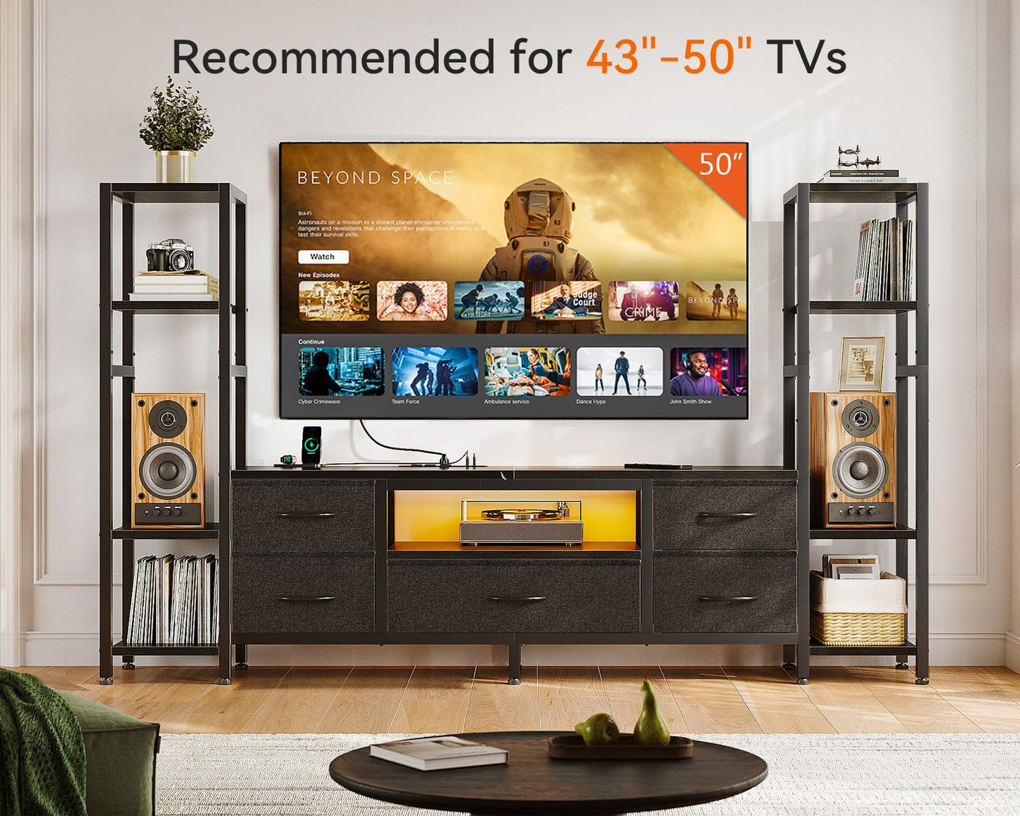 Black TV Stand with LED Lights & Power Outlets, 5 Drawer Entertainment Center for 40–50 Inch TVs
