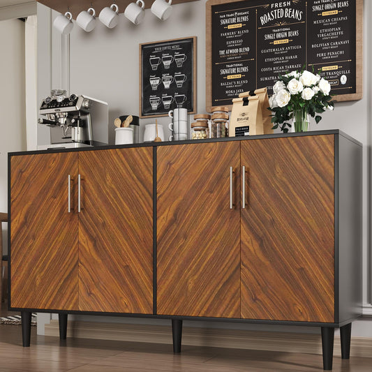 58" Coffee Bar Cabinet with Storage, Buffet Cabinet with 4 Large Doors, Storage Cabinet