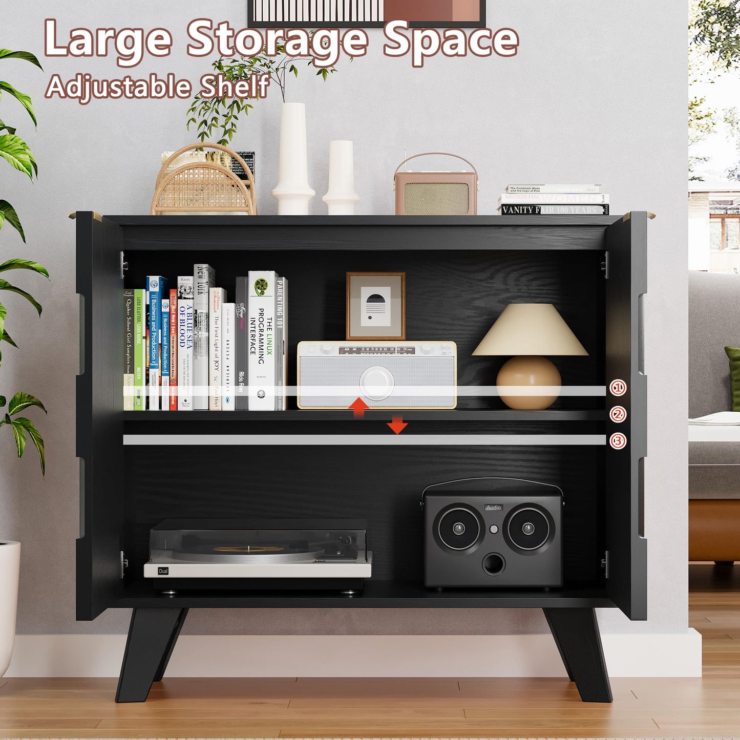 Buffet Cabinet, Fluted Sideboard Storage Cabinet with Adjustable Shelf and Door Handles,