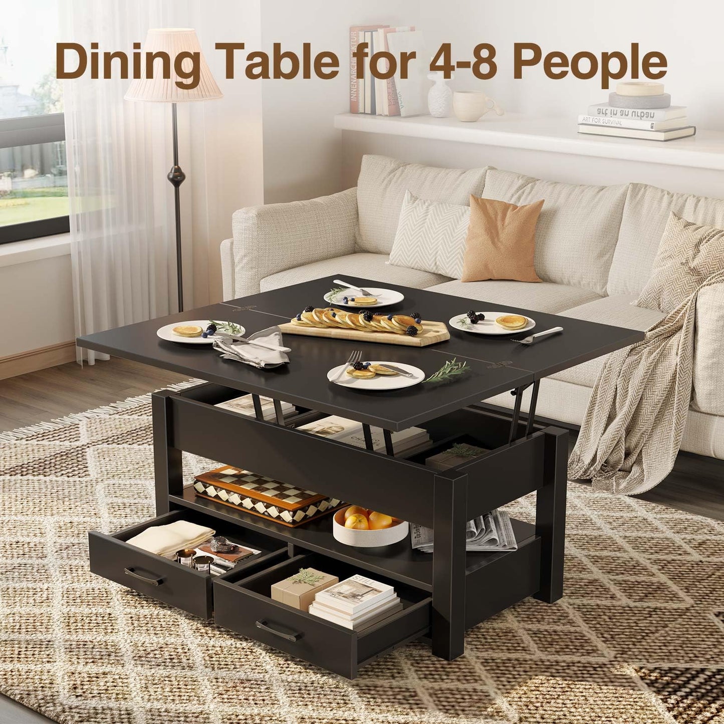 Lift Top Coffee Table – Convertible Espresso Table with Drawers & Hidden Storage,