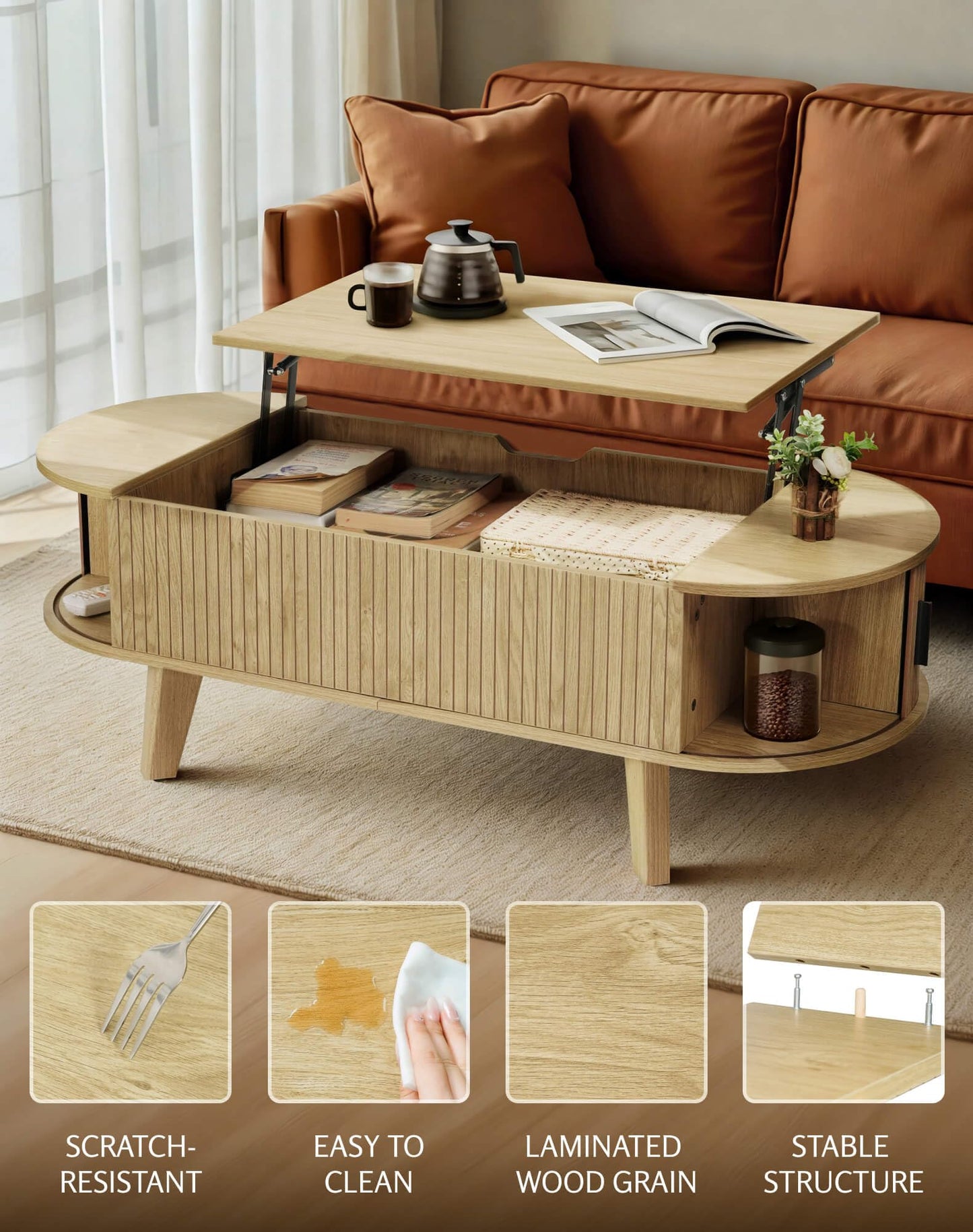 Oval Lift Top Coffee Table with Storage, 47.2" Mid Century Modern Living Room Center Table