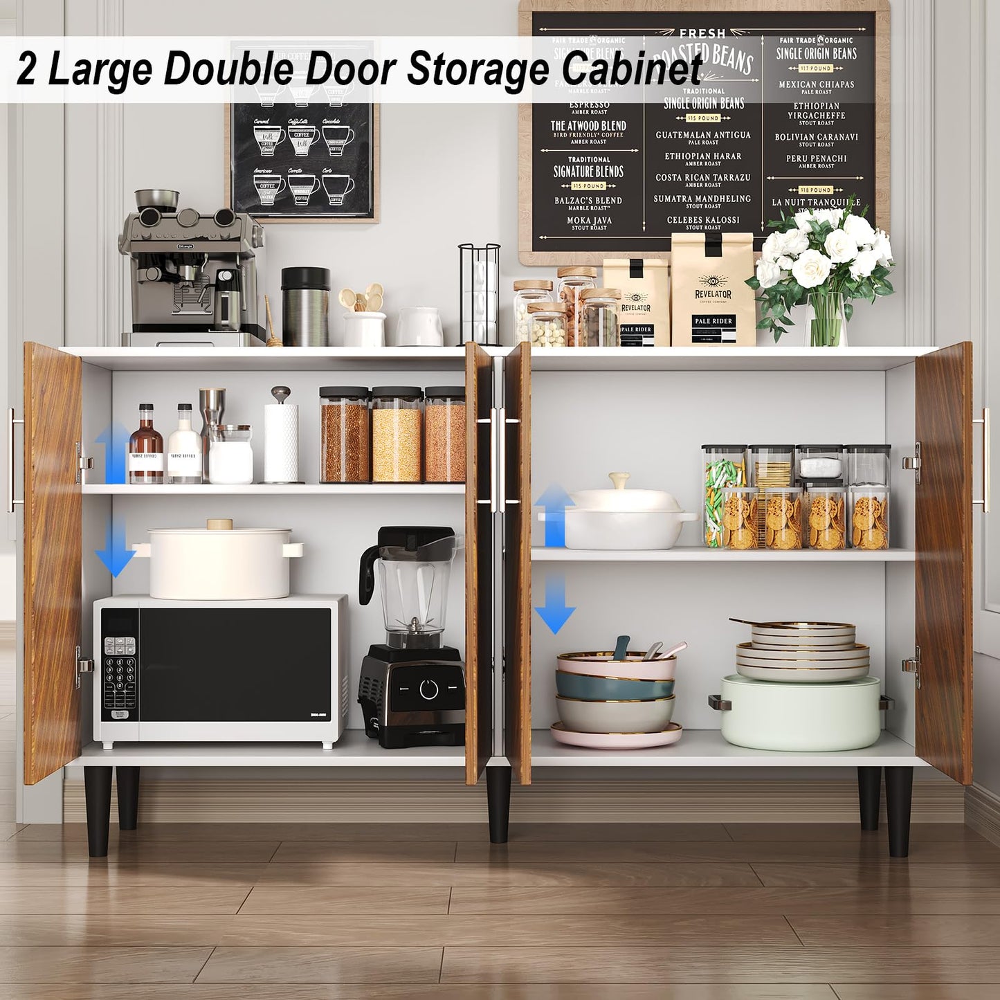 58" Coffee Bar Cabinet with Storage, Buffet Cabinet with 4 Large Doors, Storage Cabinet