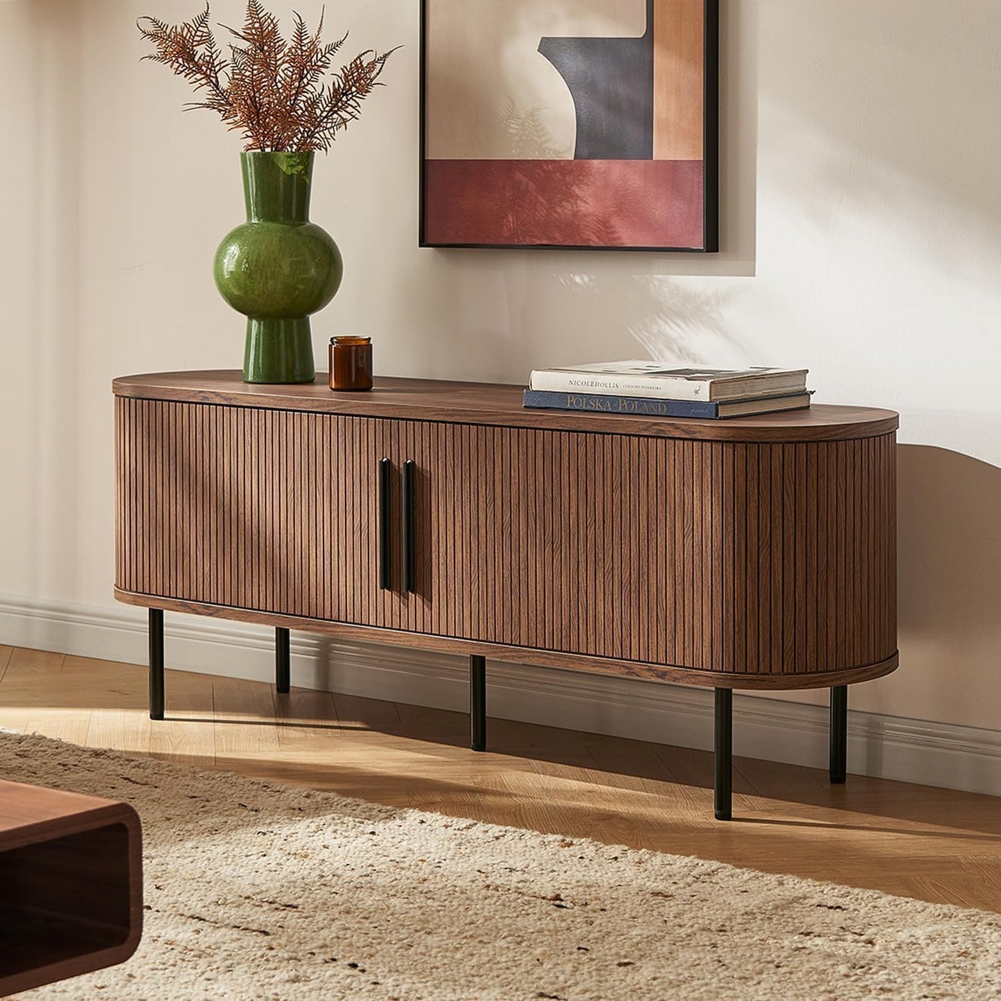 Mid-Century Modern TV Stand – 59" Walnut Entertainment Center for 55–65 Inch TVs,