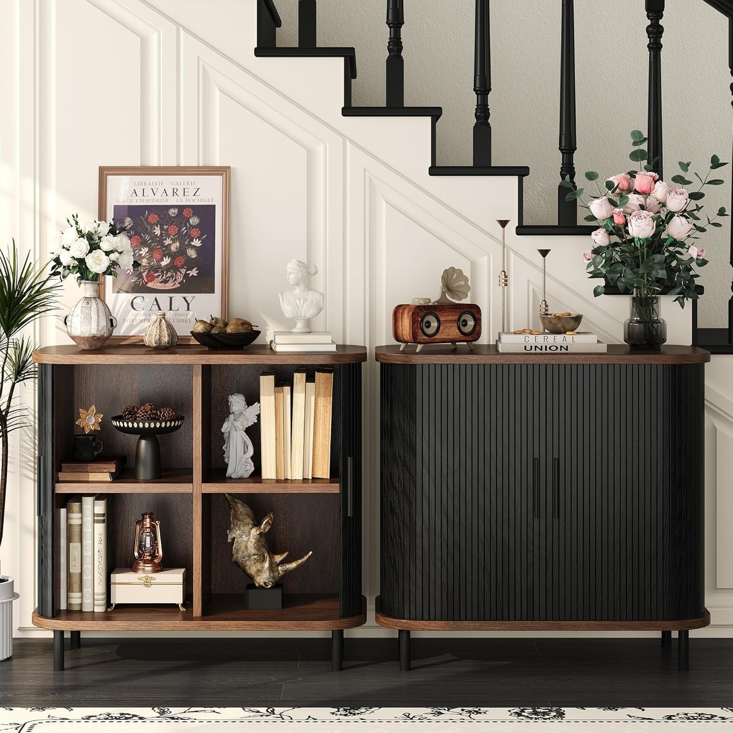 Fluted Sideboard Buffet Cabinet, 31''W Storage Cabinet with Sliding Door