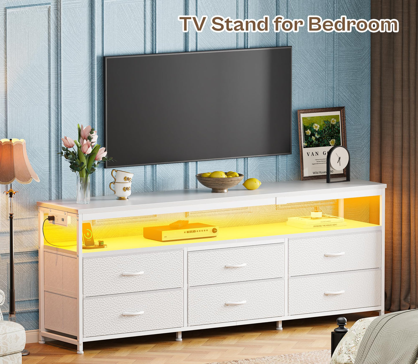 63" Black LED TV Stand with Power Outlets – Long Dresser Entertainment Center