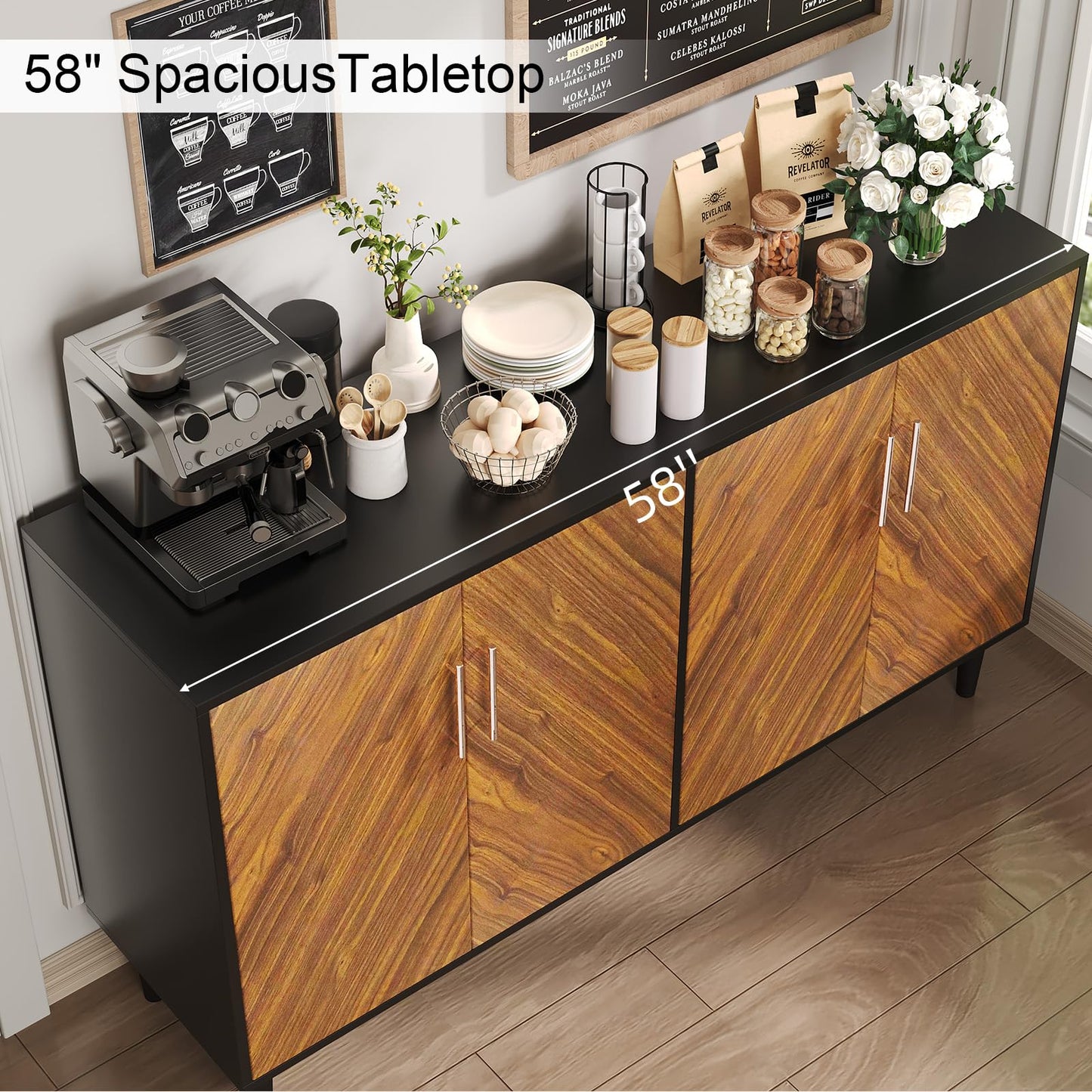 58" Coffee Bar Cabinet with Storage, Buffet Cabinet with 4 Large Doors, Storage Cabinet