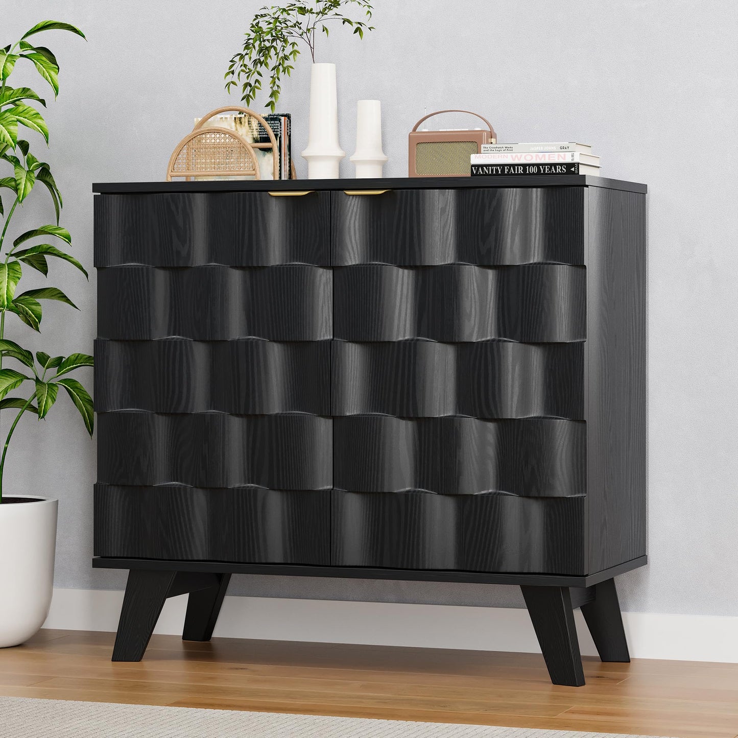Buffet Cabinet, Fluted Sideboard Storage Cabinet with Adjustable Shelf and Door Handles,