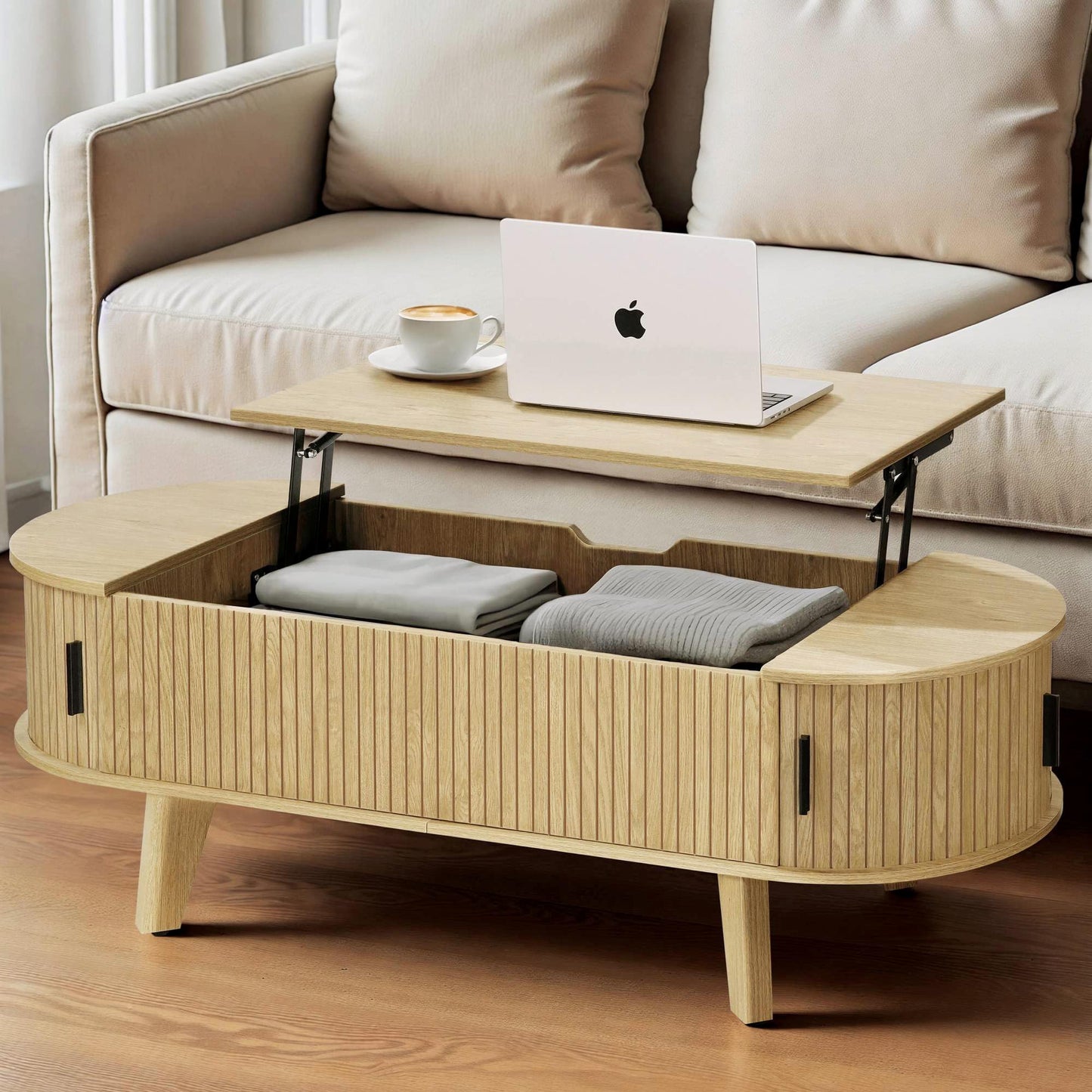 Oval Lift Top Coffee Table with Storage, 47.2" Mid Century Modern Living Room Center Table
