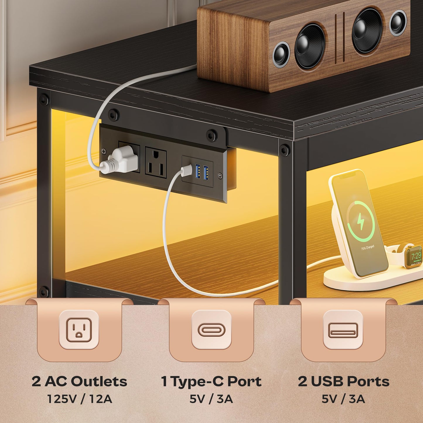 63" Black LED TV Stand with Power Outlets – Long Dresser Entertainment Center