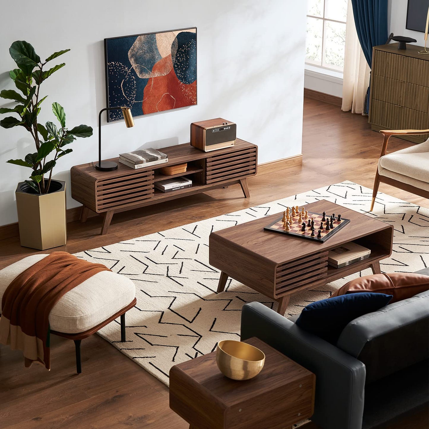Mid-Century Modern TV Stand – 59" Walnut Entertainment Center for 55–65 Inch TVs,