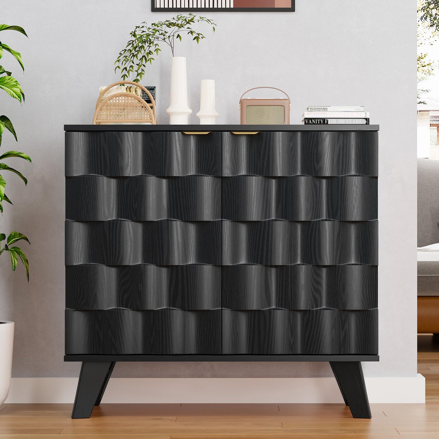 Buffet Cabinet, Fluted Sideboard Storage Cabinet with Adjustable Shelf and Door Handles,