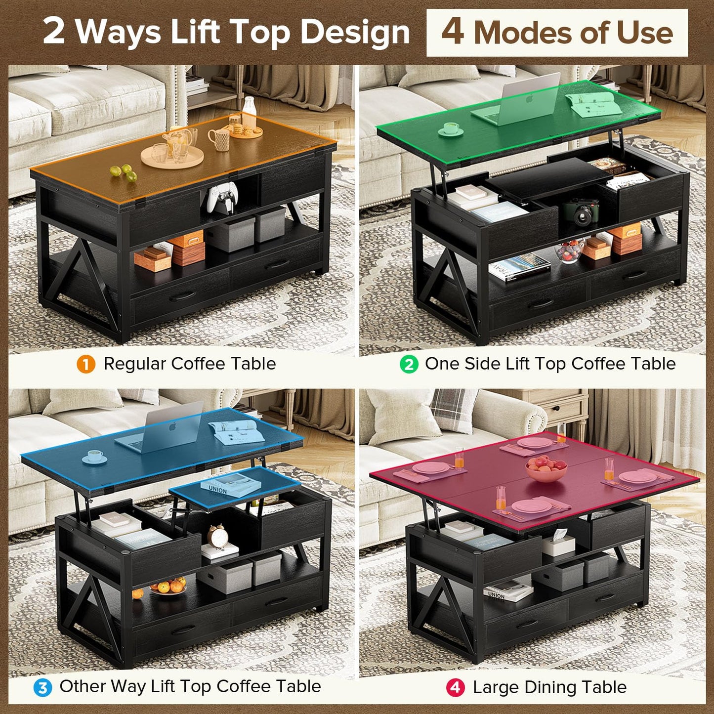 40" Lift Top Coffee Table,4 in 1 Multi-Function Lift Coffee Tables with Storage Drawers
