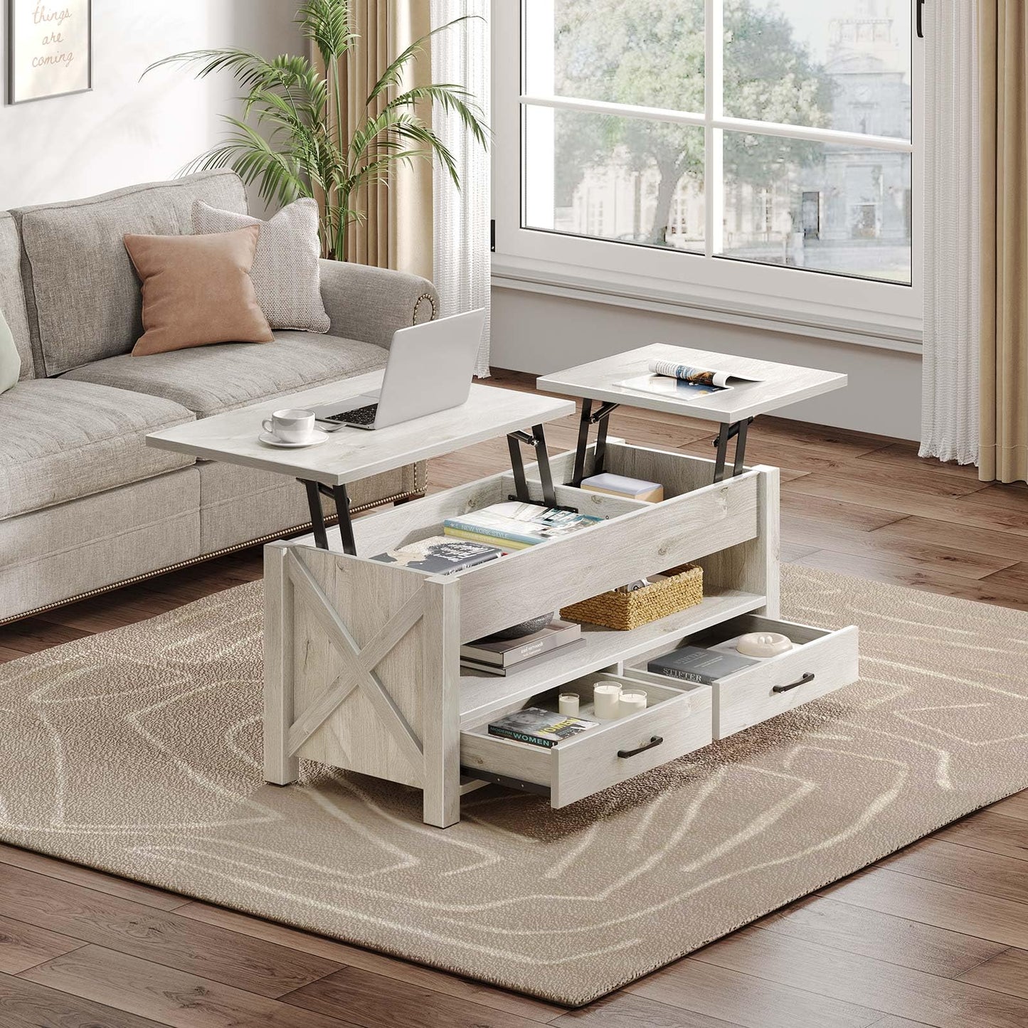 47.2" Black Lift Top Coffee Table – Farmhouse X-Frame Center Table with Hidden Storage & 2 Drawers
