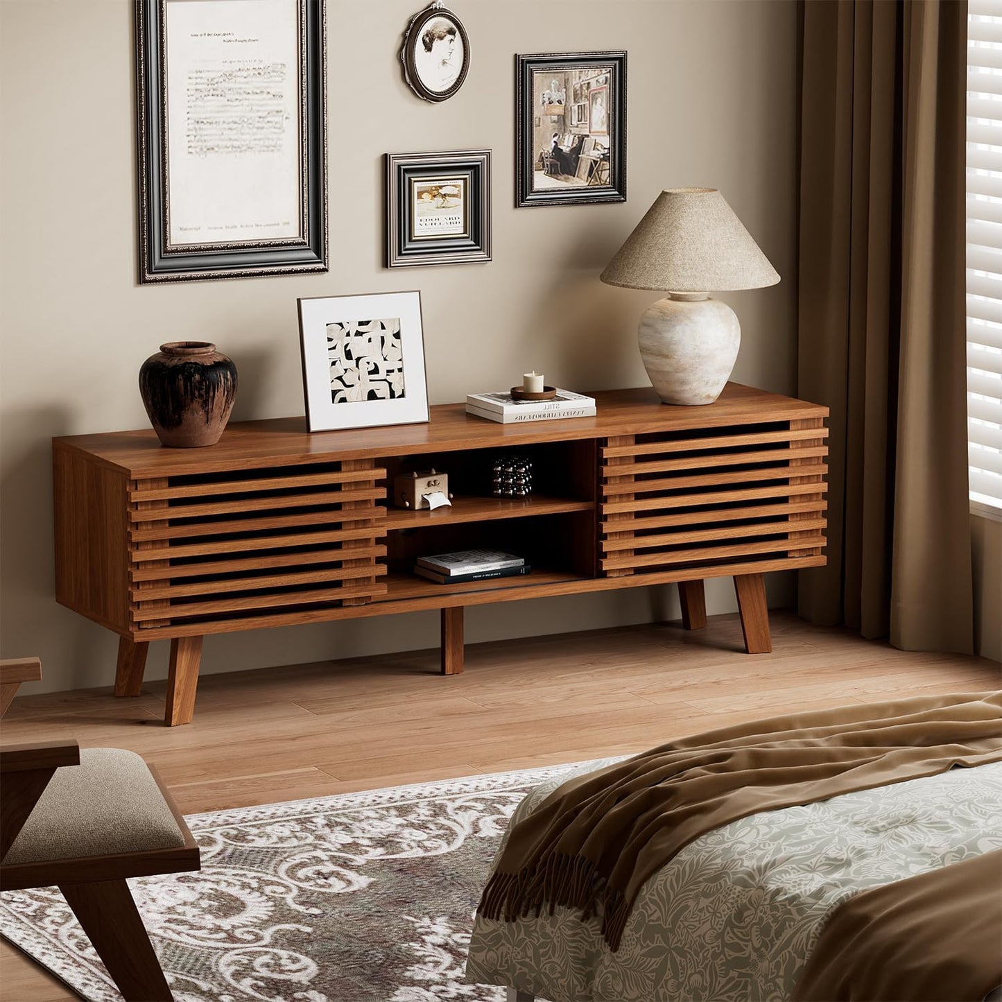 Modern Boho TV Stand for 55–65 Inch TVs – Entertainment Center with Sliding Doors & Storage