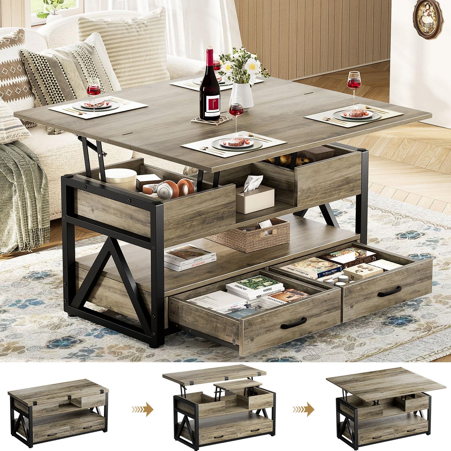 40" Lift Top Coffee Table,4 in 1 Multi-Function Lift Coffee Tables with Storage Drawers