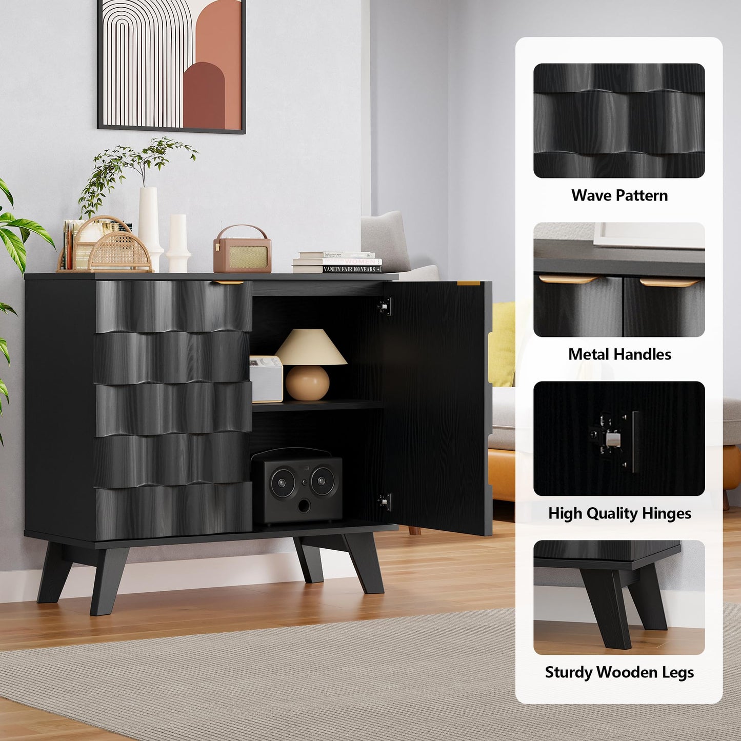 Buffet Cabinet, Fluted Sideboard Storage Cabinet with Adjustable Shelf and Door Handles,