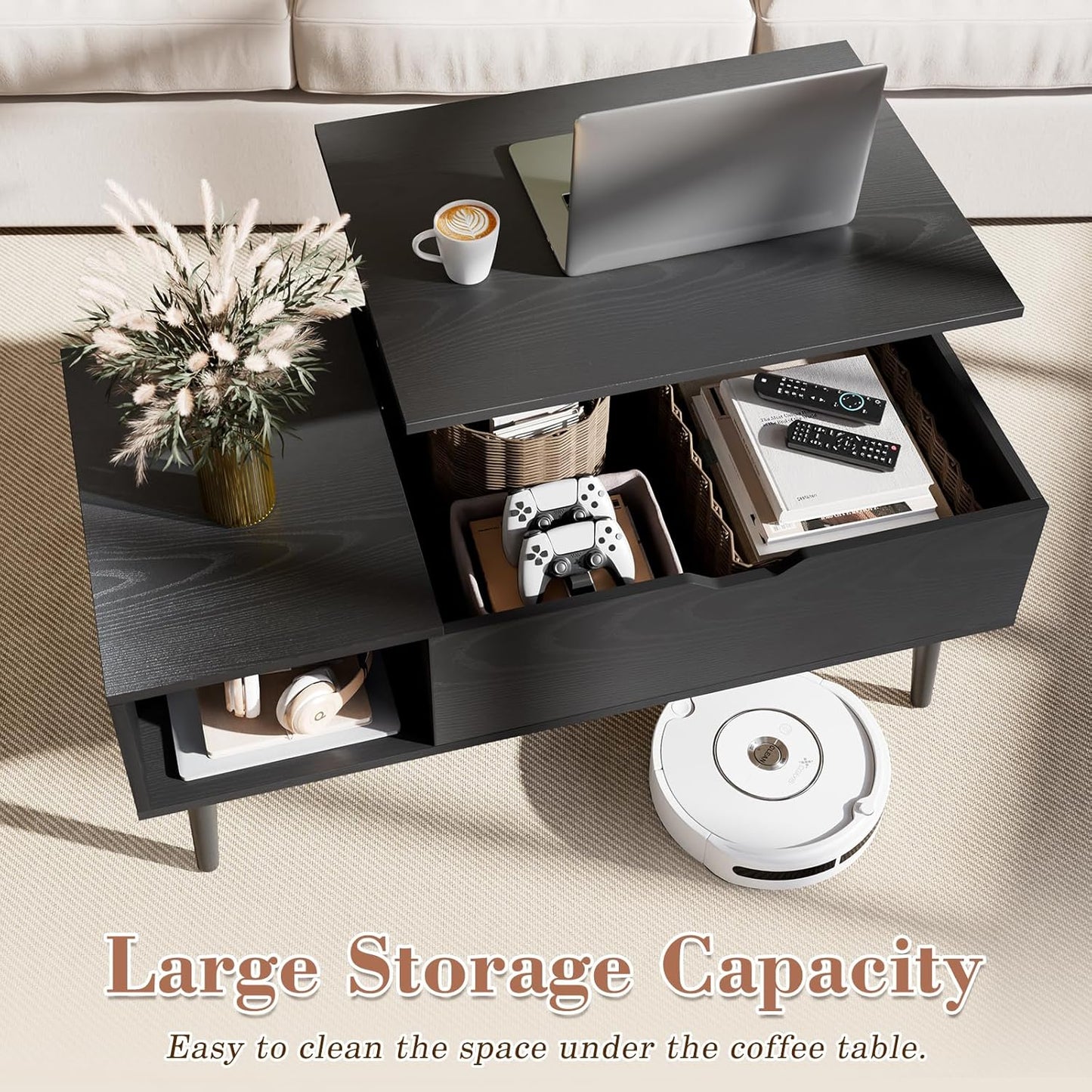 Wood Lift Top Coffee Table with Hidden Compartment and Large Storage Shelf,
