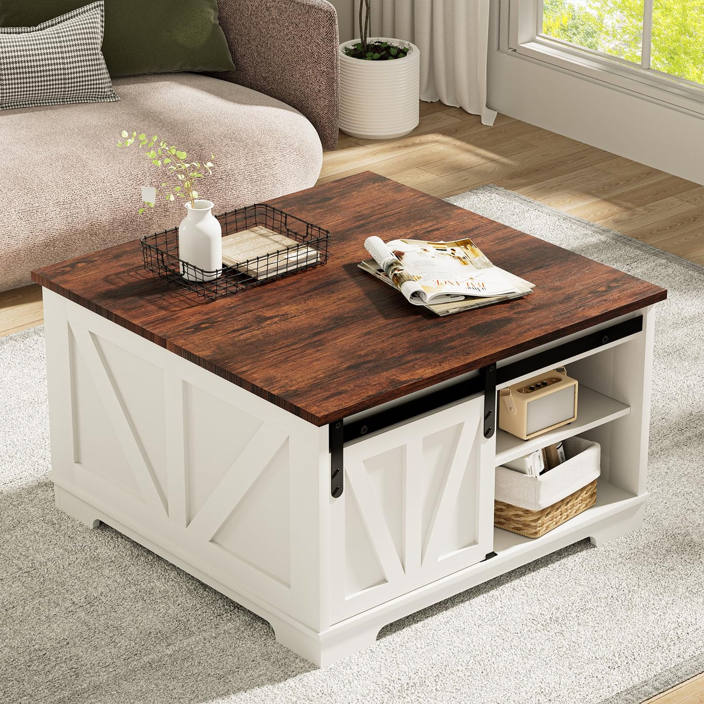 31.5" Lift Top Farmhouse Coffee Table โ Square Center Table with Hidden Storage,
