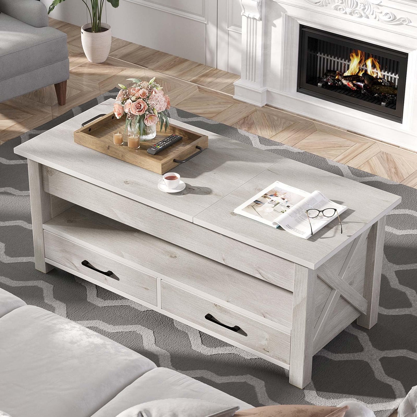 47.2" Black Lift Top Coffee Table – Farmhouse X-Frame Center Table with Hidden Storage & 2 Drawers