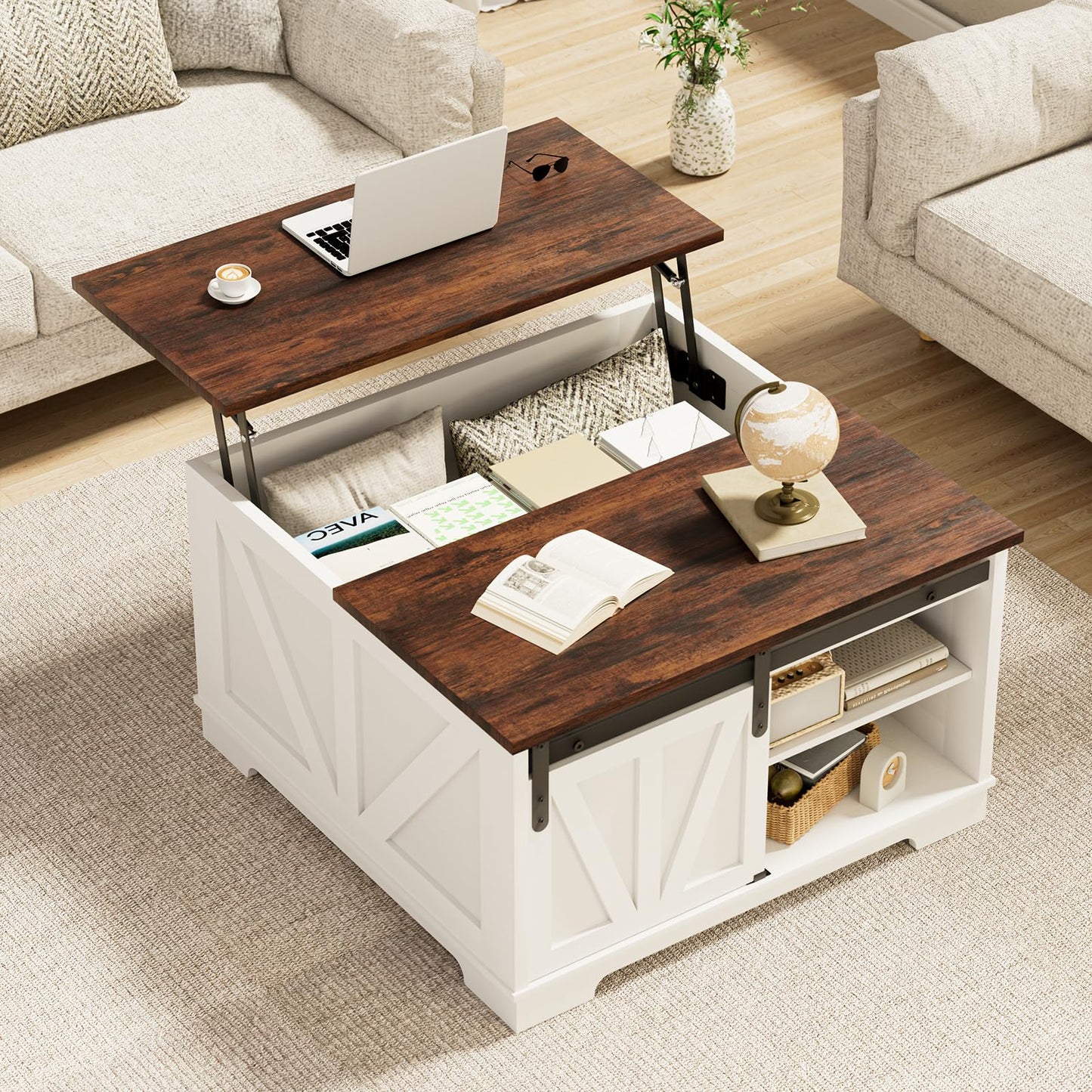 31.5" Lift Top Farmhouse Coffee Table โ Square Center Table with Hidden Storage,