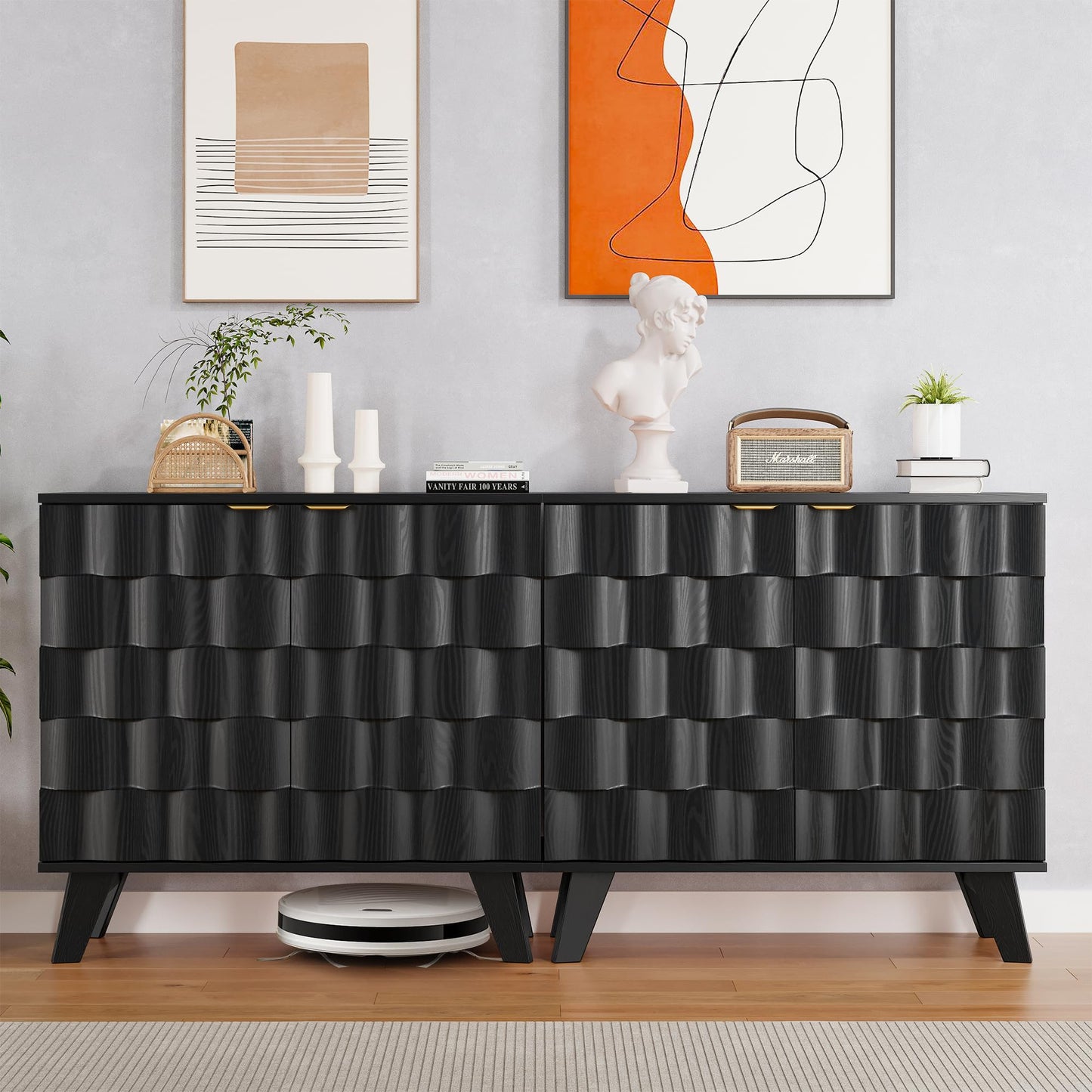 Buffet Cabinet, Fluted Sideboard Storage Cabinet with Adjustable Shelf and Door Handles,