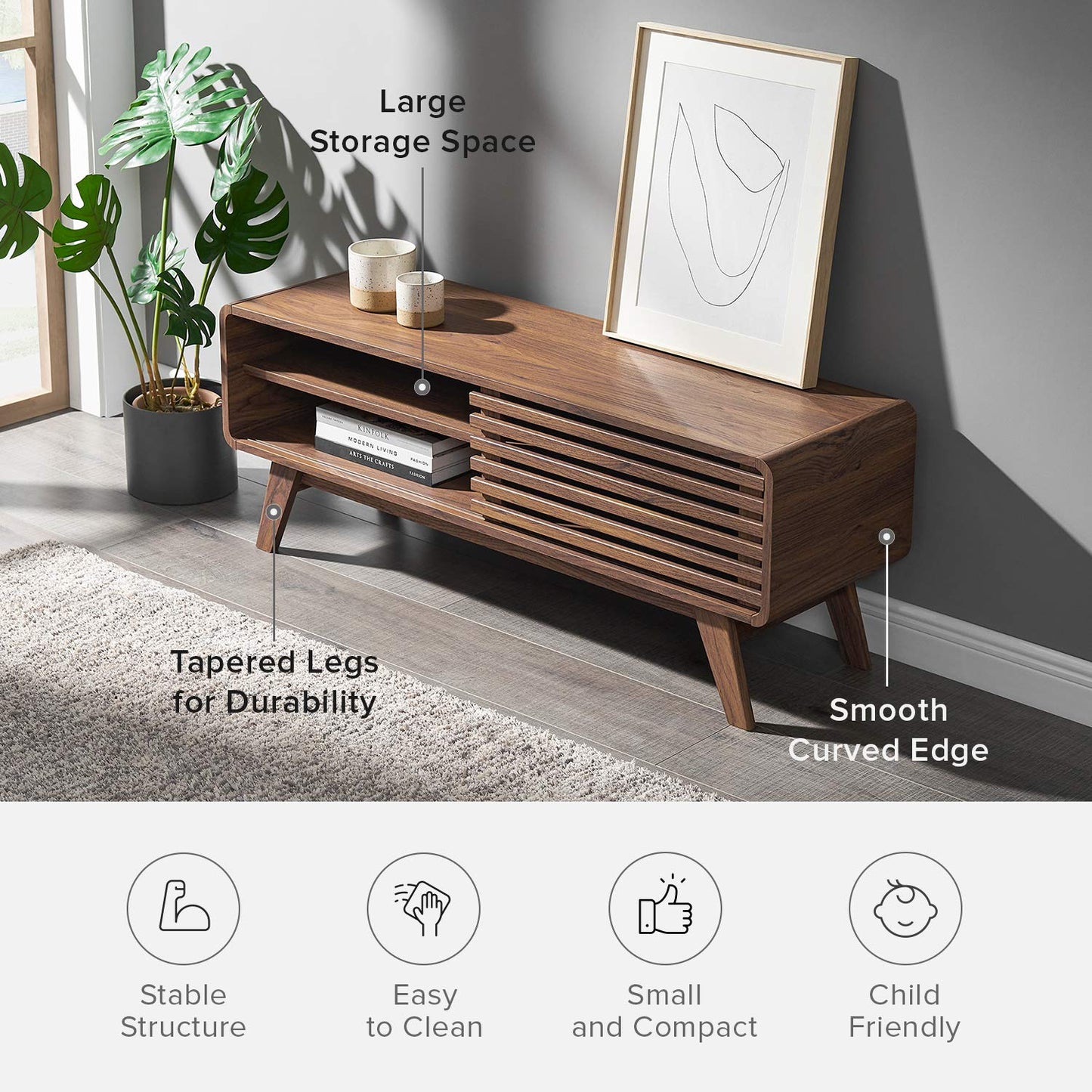 Mid-Century Modern TV Stand – 59" Walnut Entertainment Center for 55–65 Inch TVs,