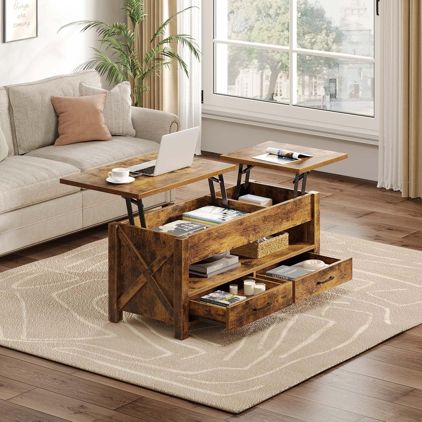 47.2" Black Lift Top Coffee Table – Farmhouse X-Frame Center Table with Hidden Storage & 2 Drawers