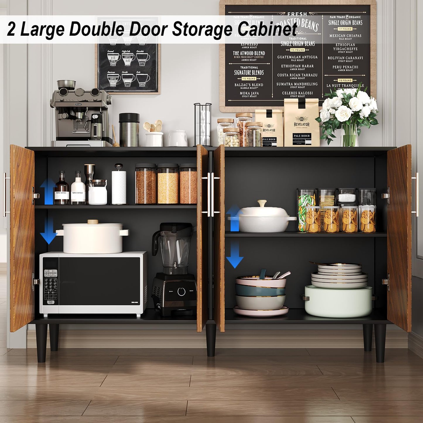 58" Coffee Bar Cabinet with Storage, Buffet Cabinet with 4 Large Doors, Storage Cabinet